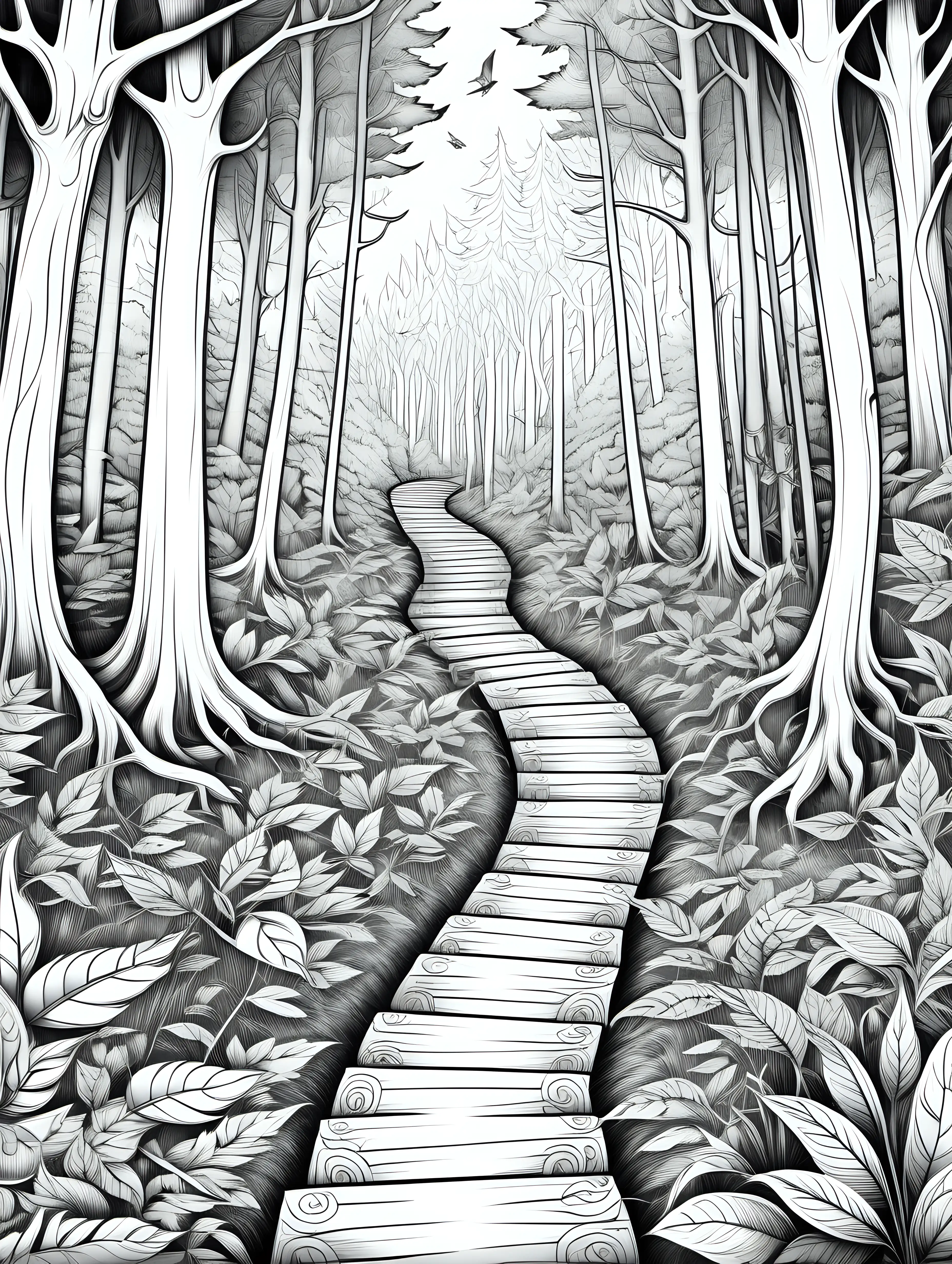 Illustriere für ein Malbuch für Erwachsene einen fein gezeichneten Waldweg mit 1 Wegweiser, der Mut macht und persönliche Entscheidungen symbolisiert. Nur schwarze, feine Linien und weißer Hintergrund