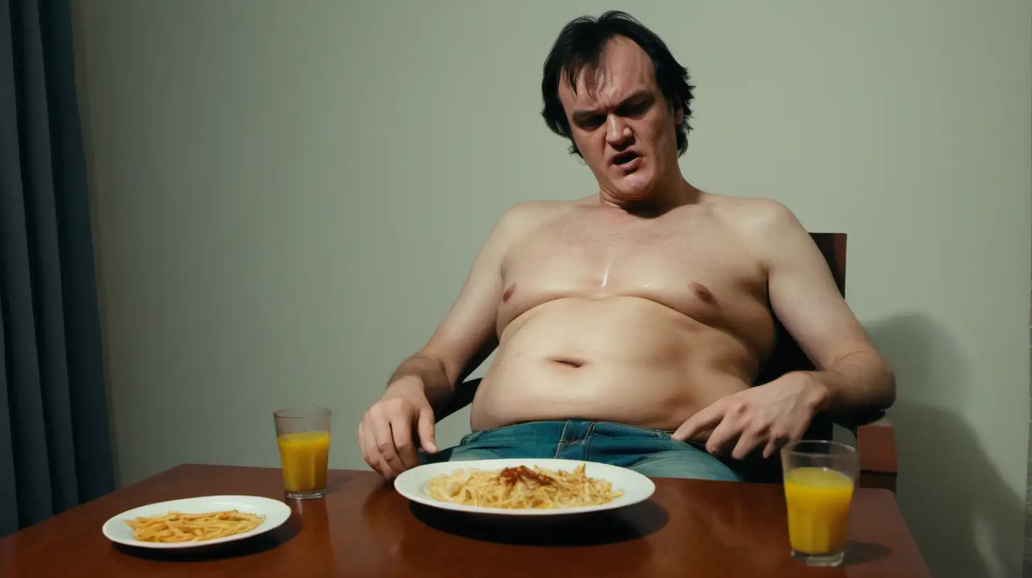 One guy is sitting at the table at home.Shows how his stomach is bloated from eating. Like Quentin Tarantino movies style.