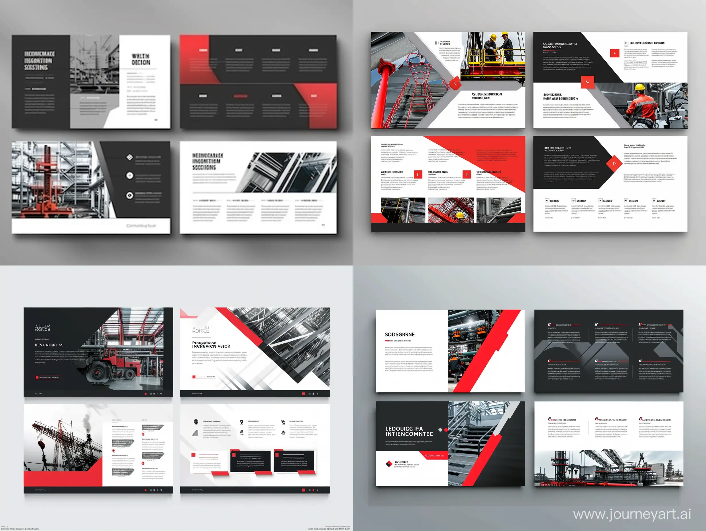 дизайн 4 слайдов презентации инженерной компании в черных, белых, серых и красных цветах