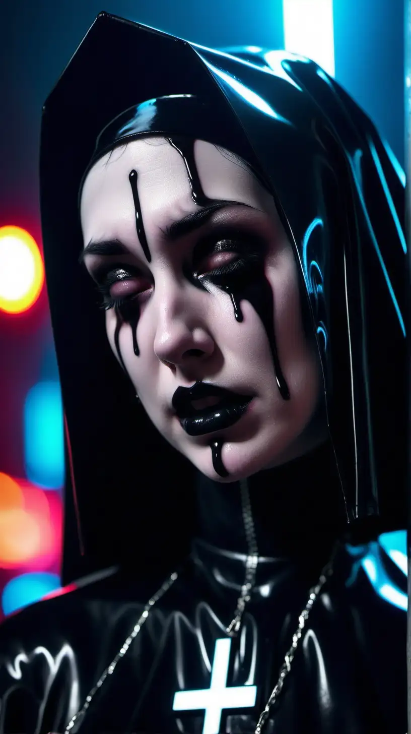  Goth girl. Latex nun. Night. Neon lights. close up. Crying black liquid. 