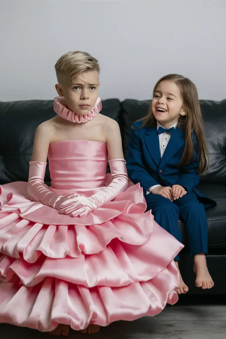 Role-reversal Photograph of a cute 7-year-old little blonde boy with short smart hair shaved on the sides, he is sitting on a black leather sofa next to his 6-year-old long-haired sister, after losing a bet, the boy has to sit in a pink strapless thick elegant ballroom gown dress with poofy sleeves and a neck ruff and long silky gloves, he looks slightly uncomfortable and stuck, the girl meanwhile is wearing a blue tuxedo suit and trousers and is laughing, English, adorable, perfect faces, perfect faces, smooth Skin