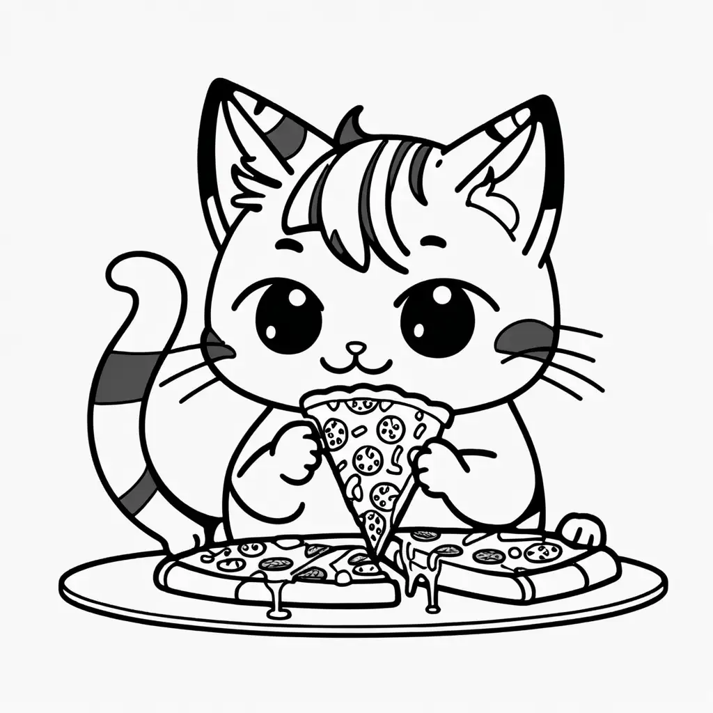 Black And white coloring image of a cute kawaii cat eating a slice of pizza, black lines white background anime style