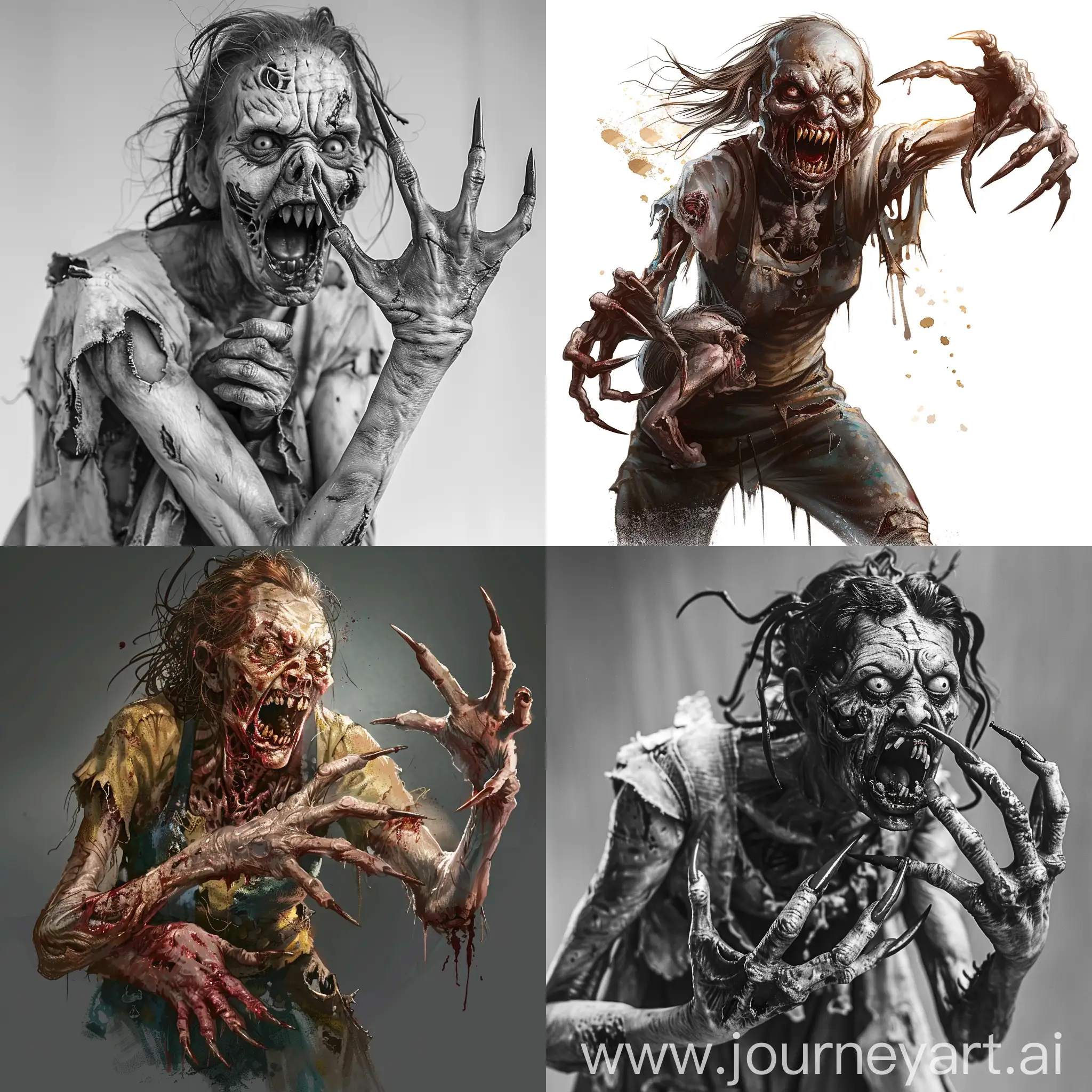 "Describe a zombie woman as follows: she is hungry and ugly, has long curved pointed nails on each of her five fingers, opens her pointed teeth, wears torn clothes, and is holding her victim. Provide a detailed description in a single paragraph.