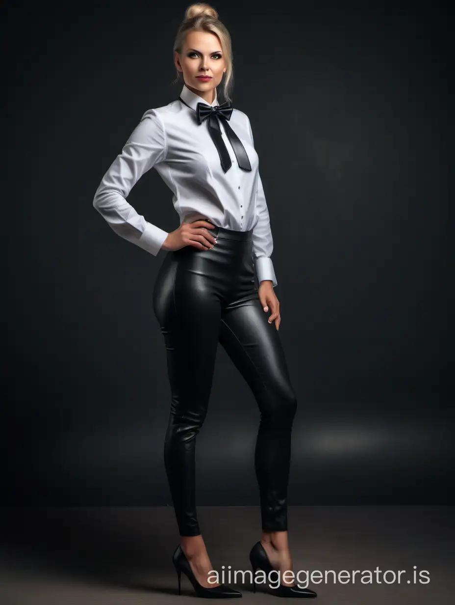  confident and sophisticated sweedish woman wearing a black tuxedo with a white shirt and a black bow tie, full body photo in high heels and black leather leggins, athletic fit shape