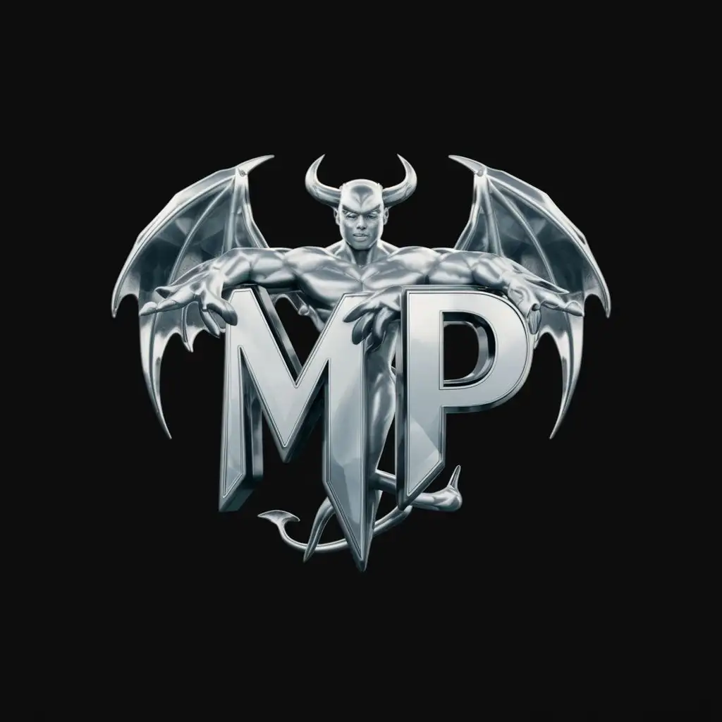 logo, Silver devil letters Morpheus, with the text "MP", typography