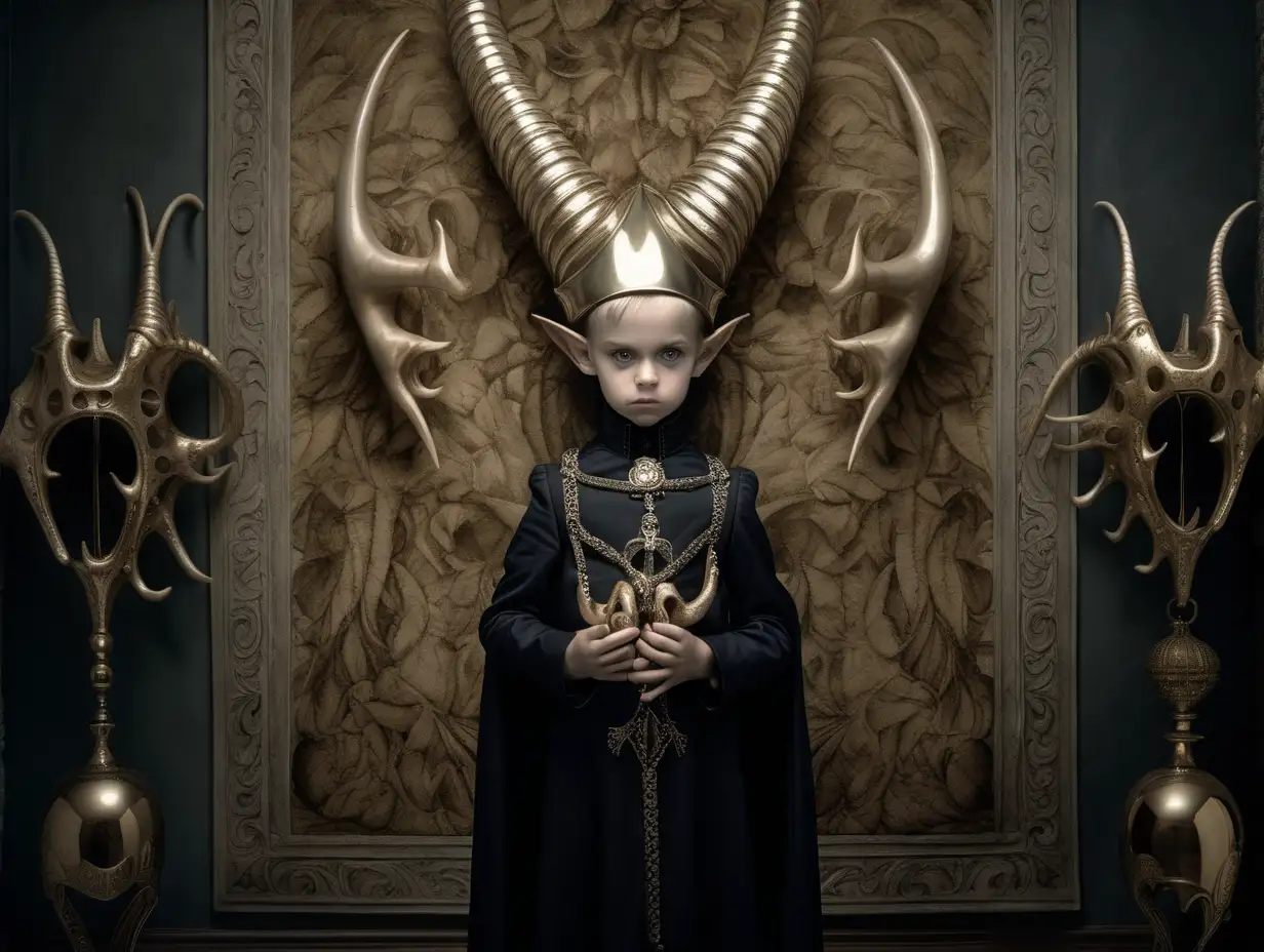 a boy in a 19th century costume, holding golden horns in his hands, behind him on the wall is a huge tapestry with a deerin the style of demonic photograph, post processing, silence, detailed costumes, monochromatic minimalist portraits, ghostly presence, traditional costumes, Magical, mystical award winning photograph, in the style of Remedios Varo, R. H. Giger and Ray Caesar ::3 , digital painting ::-0.3 Barbouillage, Shot on 17. 5mm, 85mm Lens, DSLR, F/ 22, ND - Filter, ultra quality, highly detailed, unreal engine, volumetric lighting, ominous, dramatic, horror background, octane render. ::1 , —ar 16:9