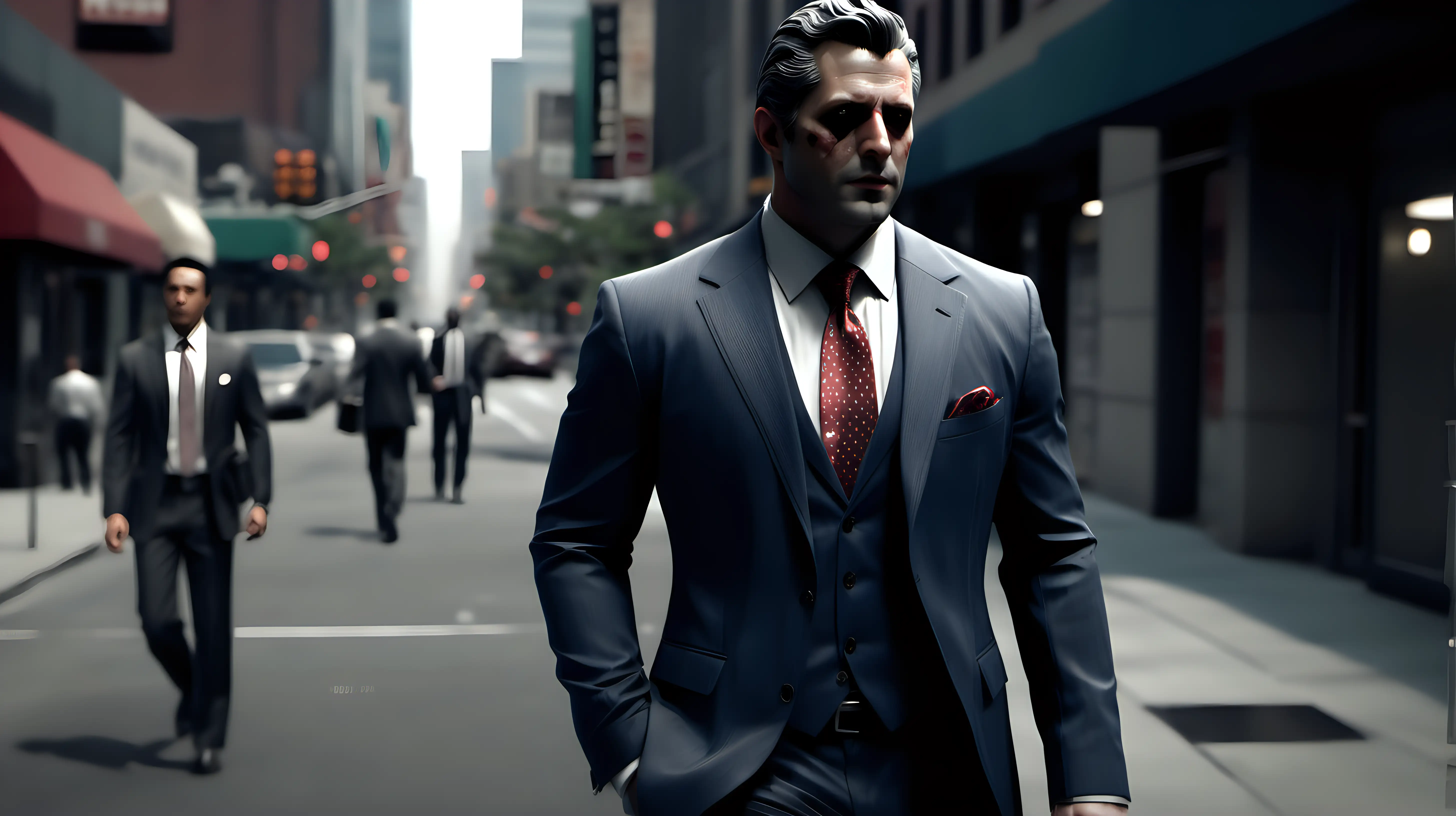 /imagine prompt: Realistic, Cinematic, personality: [Zoom in on Jason, a successful businessman. He is dressed in a sharp, tailored suit, walking with determination down the sidewalk. His face is tense as he engages in a heated conversation on his sleek phone.] unreal engine, hyper real --q 2 --v 5.2 --ar 16:9