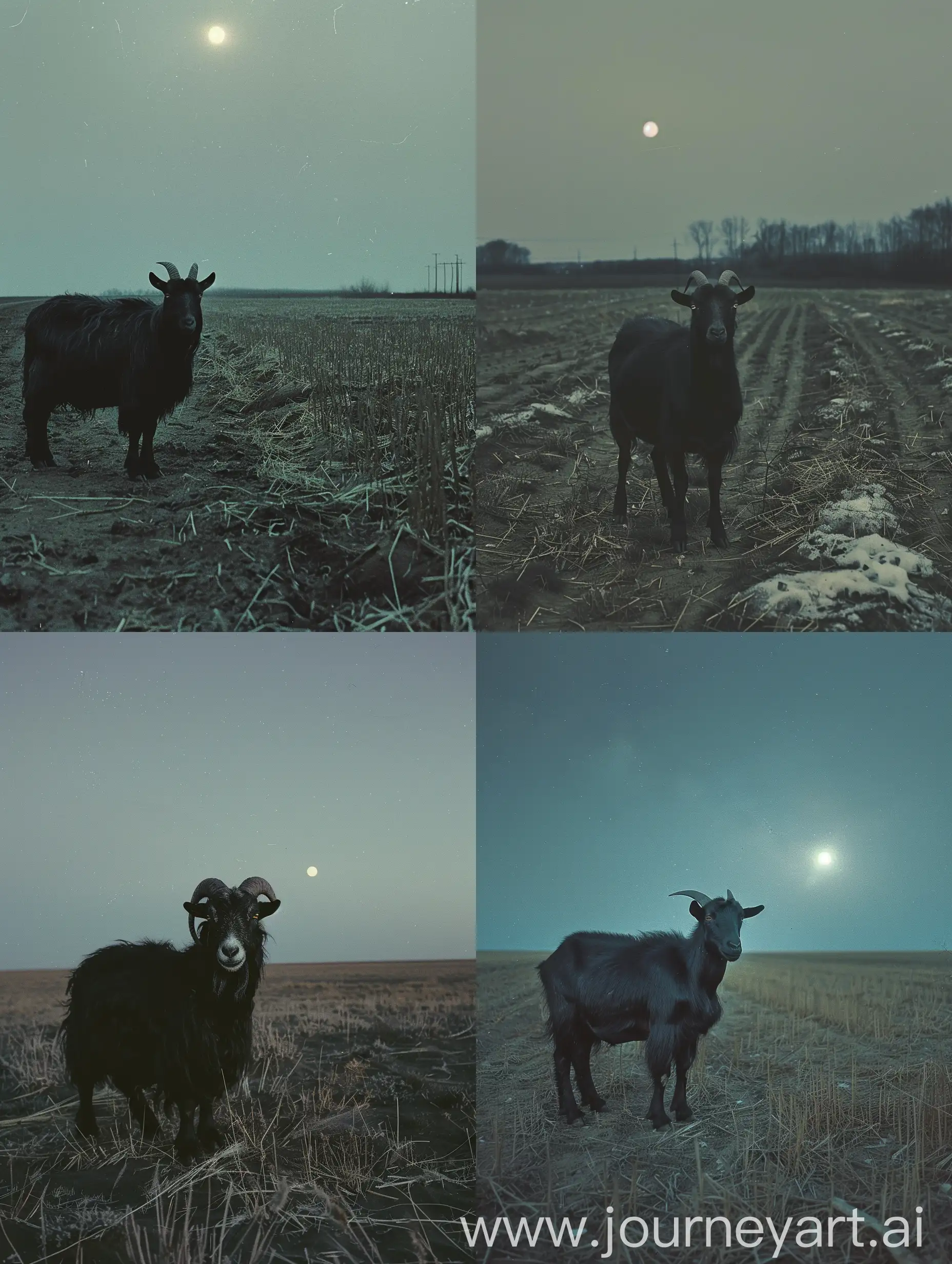 Capture the unsettling presence of a black goat, reminiscent of Black Phillip, amidst a desolate, moonlit field. Utilize the cinematic style of Ari Aster to enhance the atmospheric horror and psychological tension, emphasizing the enigmatic and malevolent nature of the goat, Morbid Mysticism, slavic folk horror, occult core,  expired 35mm film