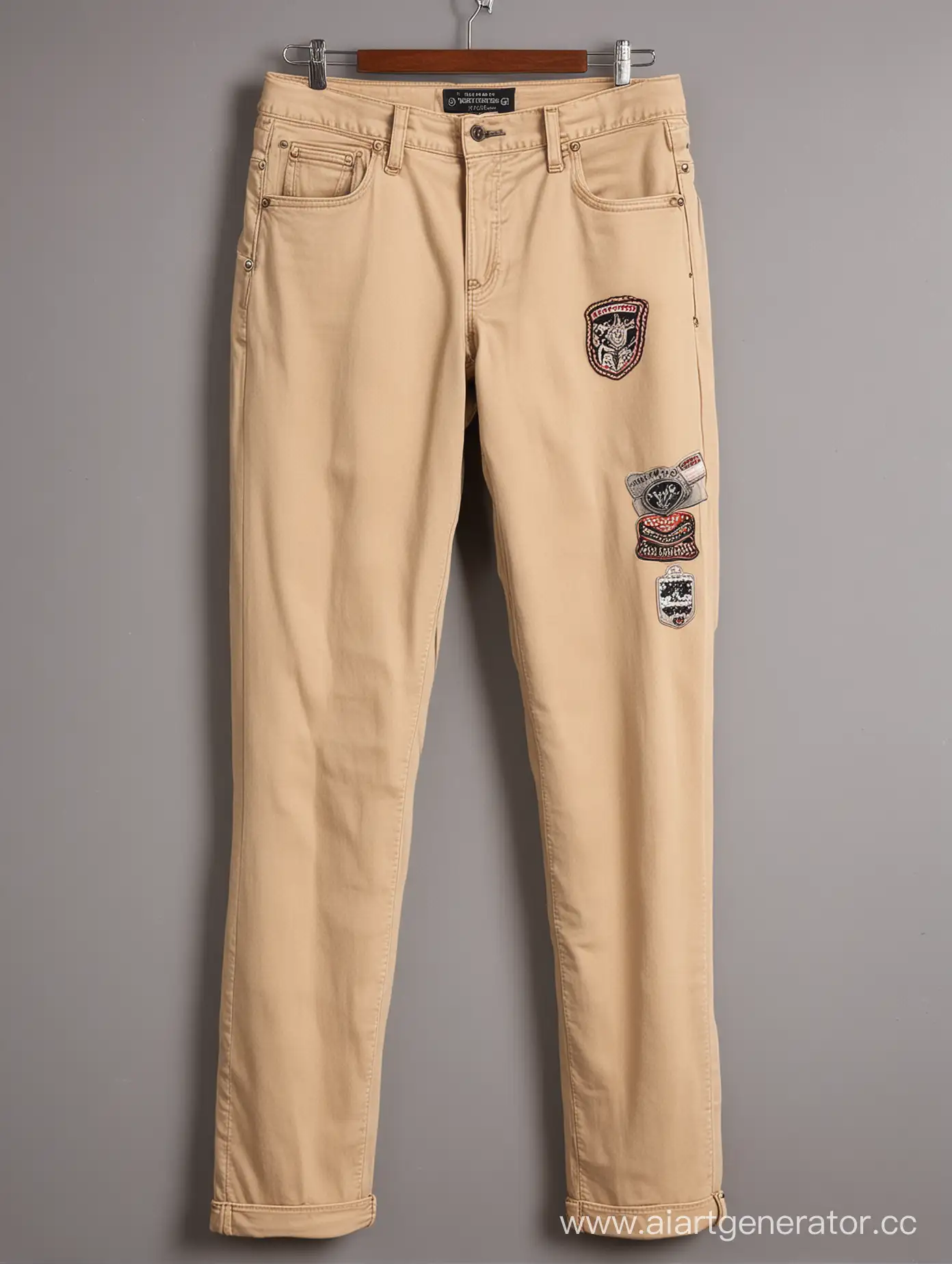 Слегка потрепаные широкие джинсы песчаного цвета в стиле "Old school" с нашивками в стиле "Old school" на бёдрах и цепочкой около правого кармана. 
