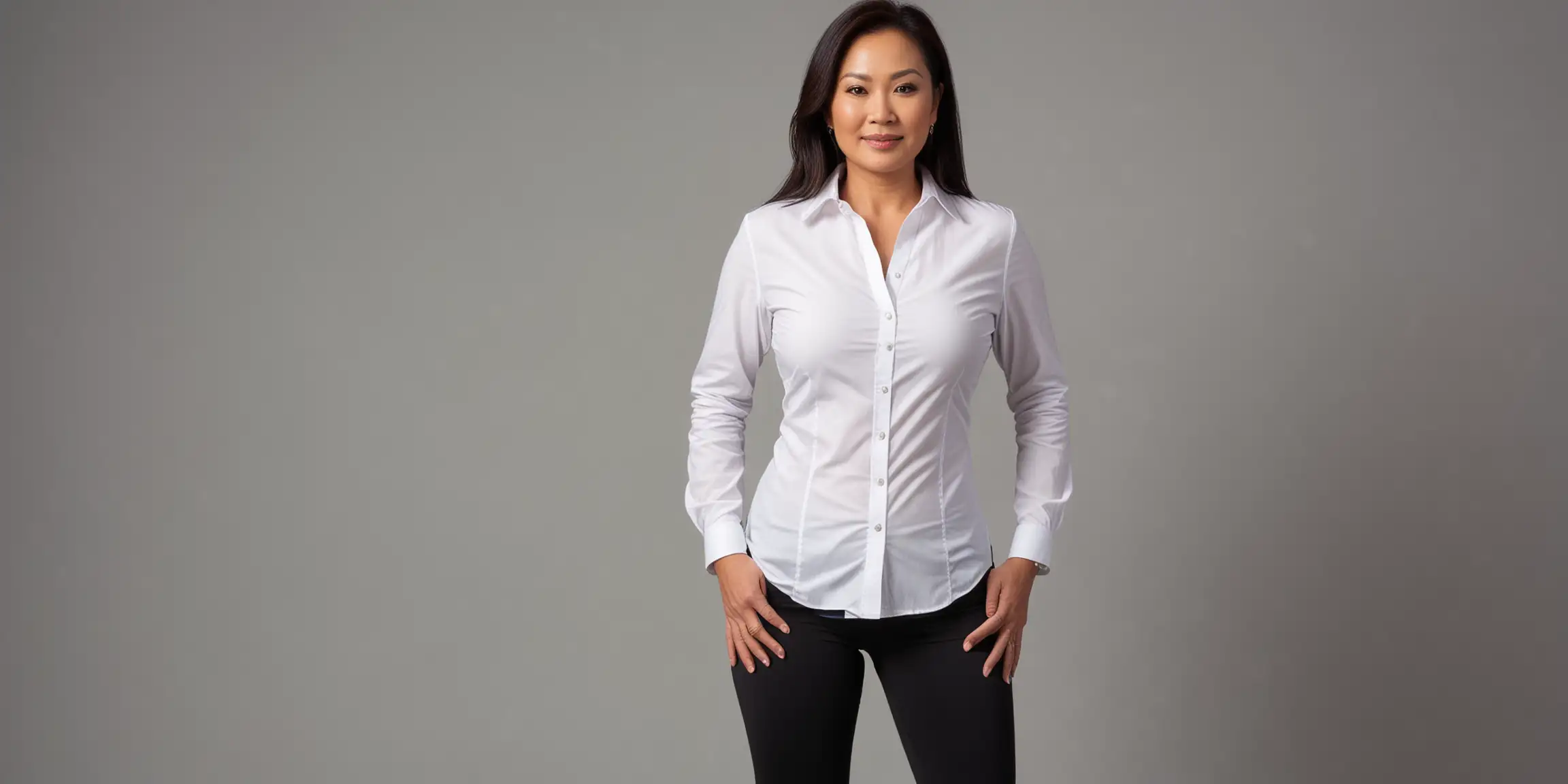 Curvy, Mature Beautiful Asian Woman, wearing an untucked white button down stretch shirt, tight black leggings, hands on hips, doing deep knee bends.