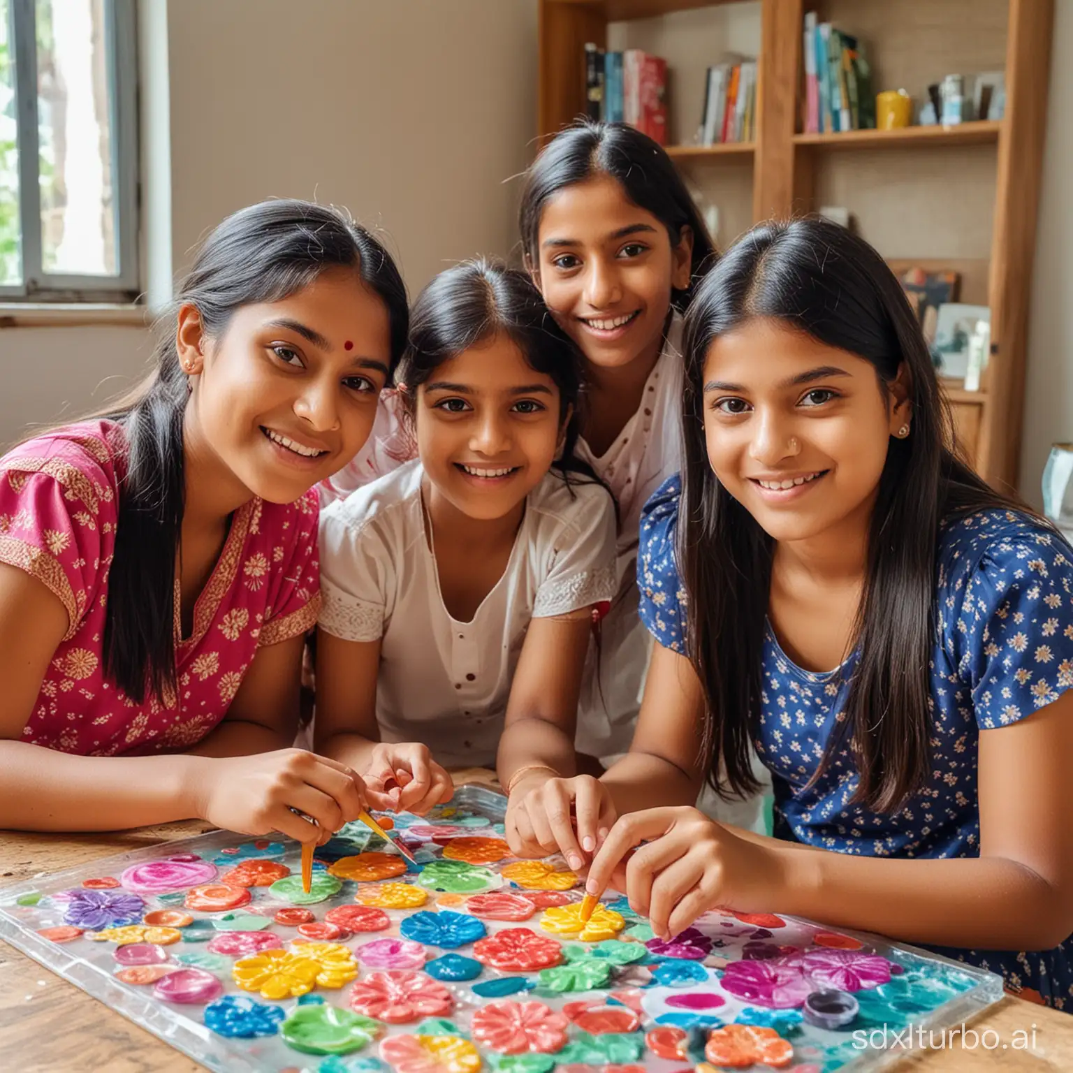 A group of cute Indian girls making resin art and showing their crafts