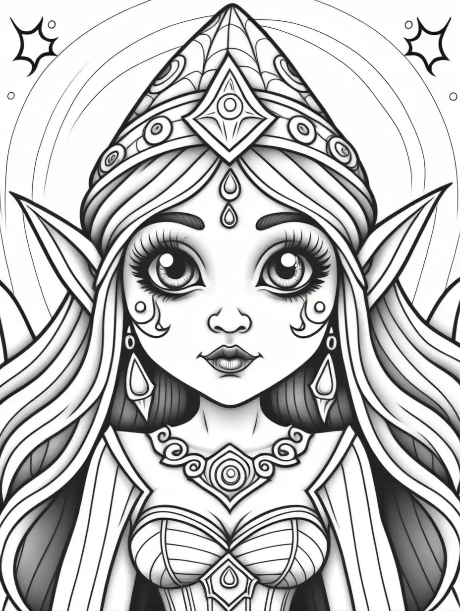 adult coloring page, halloween female gnome princess, thick lines, low detail, no shading
