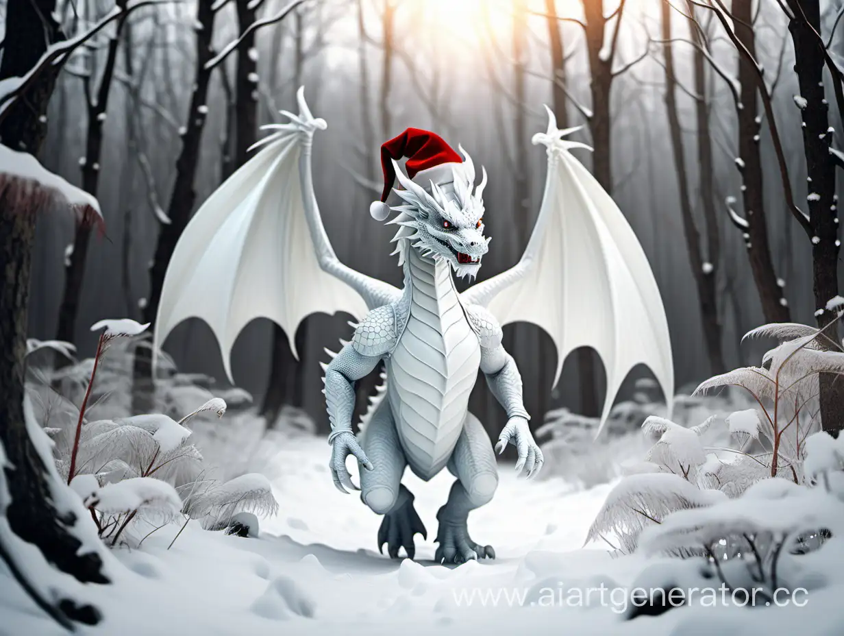 Белый дракон гуляет по зимнему лесу. На голове у дракона рождественский колпак.