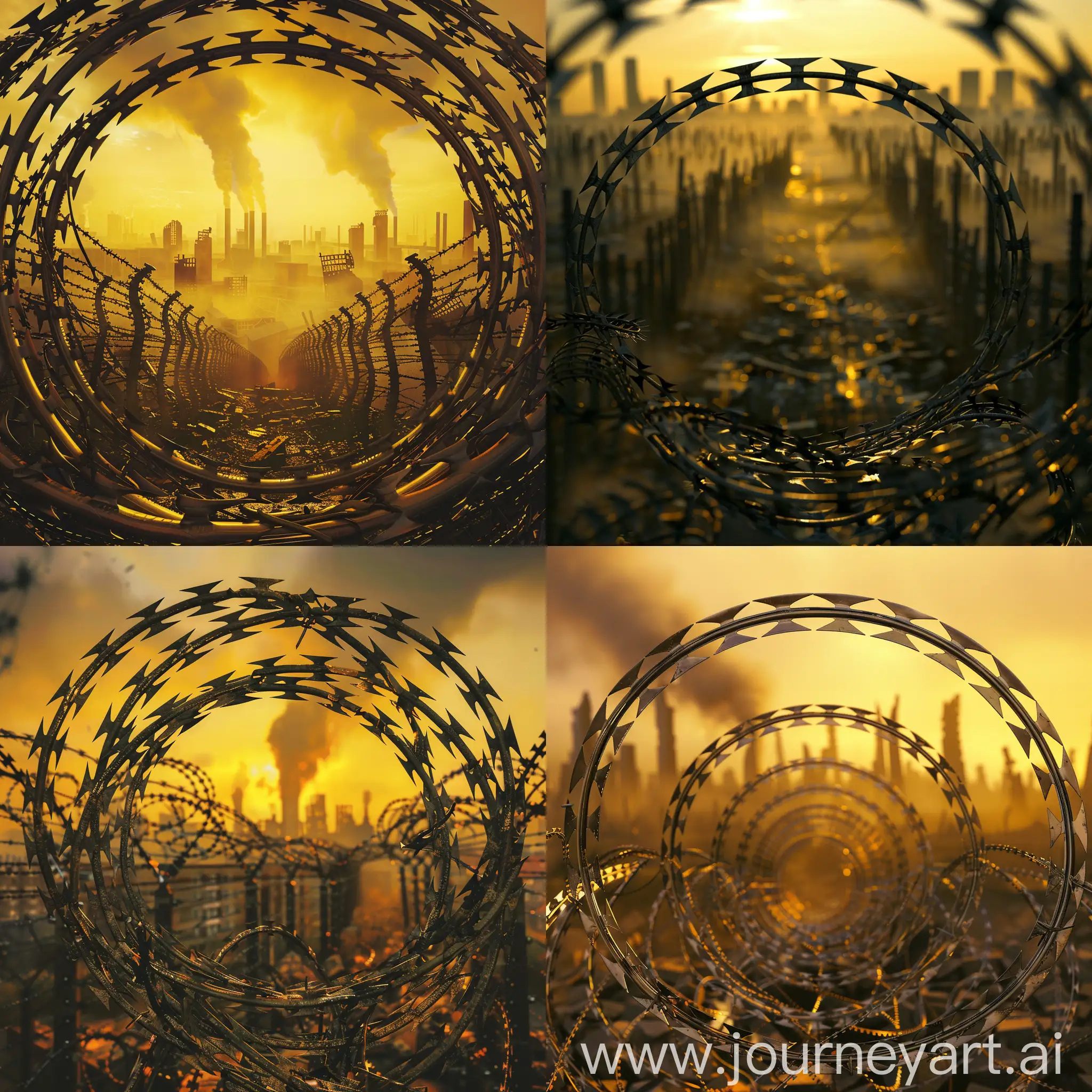 Circular-Barbed-Wire-Fence-Surrounding-Ruined-Soviet-City-at-Dawn