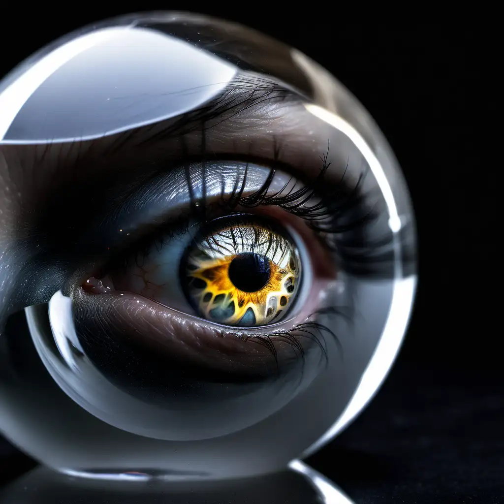 A glass marble sitting in the black with the reflection of a female eye staring at you  