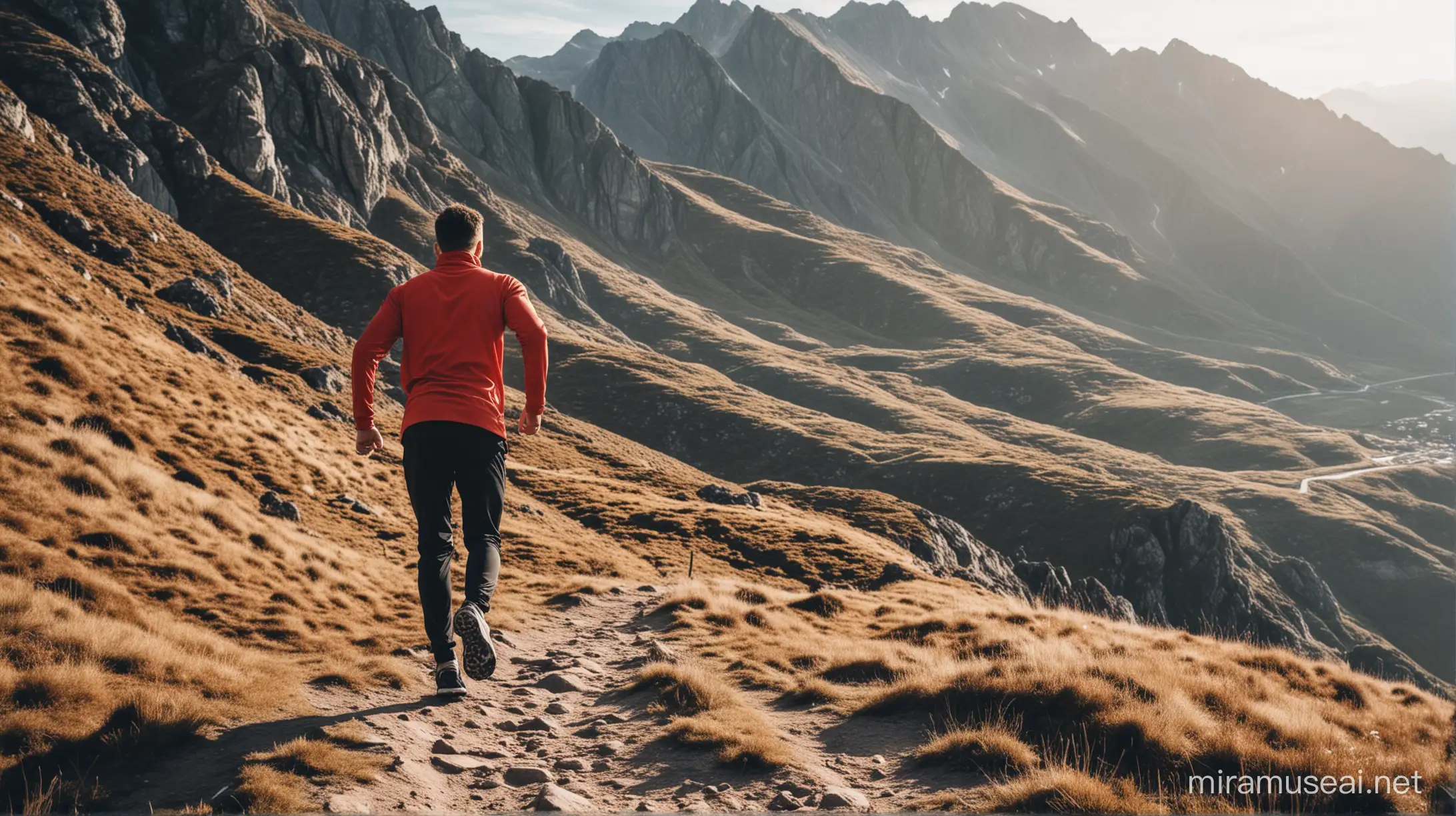 Man in Tracksuit Running Uphill on Mountain Trail