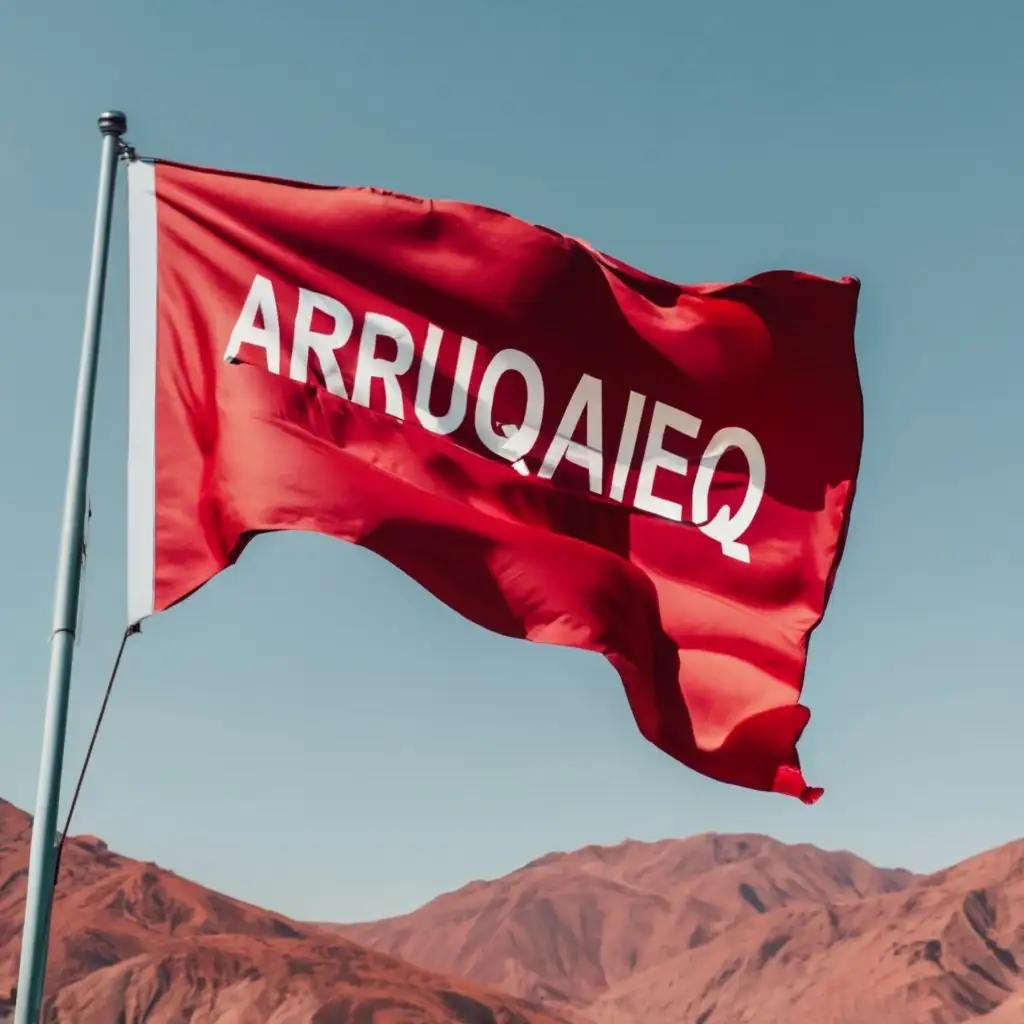 Arruqaieq-Red-Flag-with-Imprinted-Typography-Soaring-in-the-Sky