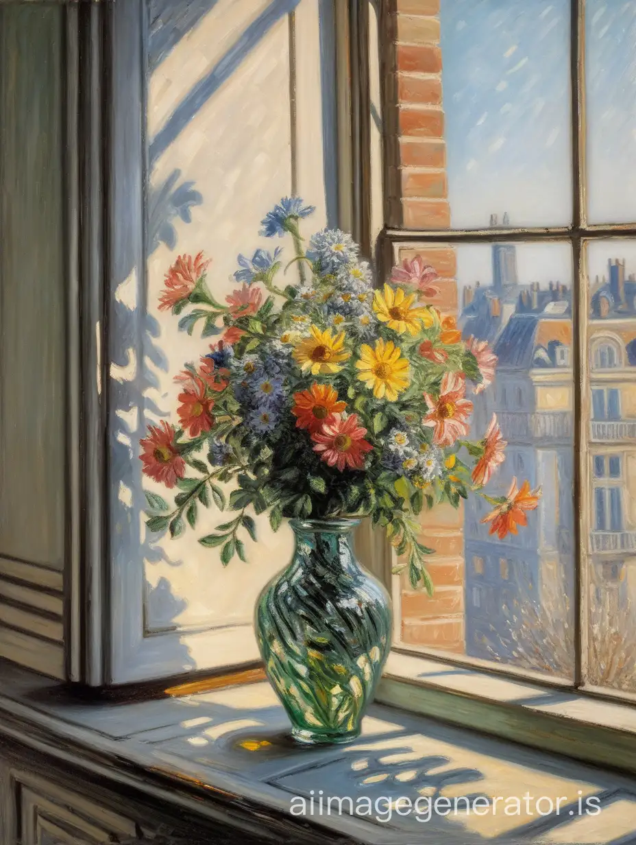 monet oil painting of a vase with 5 flowers in a window sill with sunlight