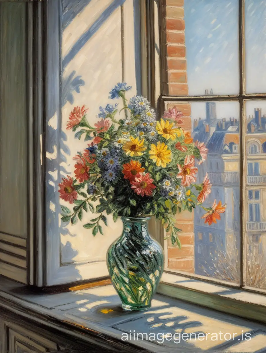 monet oil painting of a vase with 5 flowers in a window sill with sunlight 