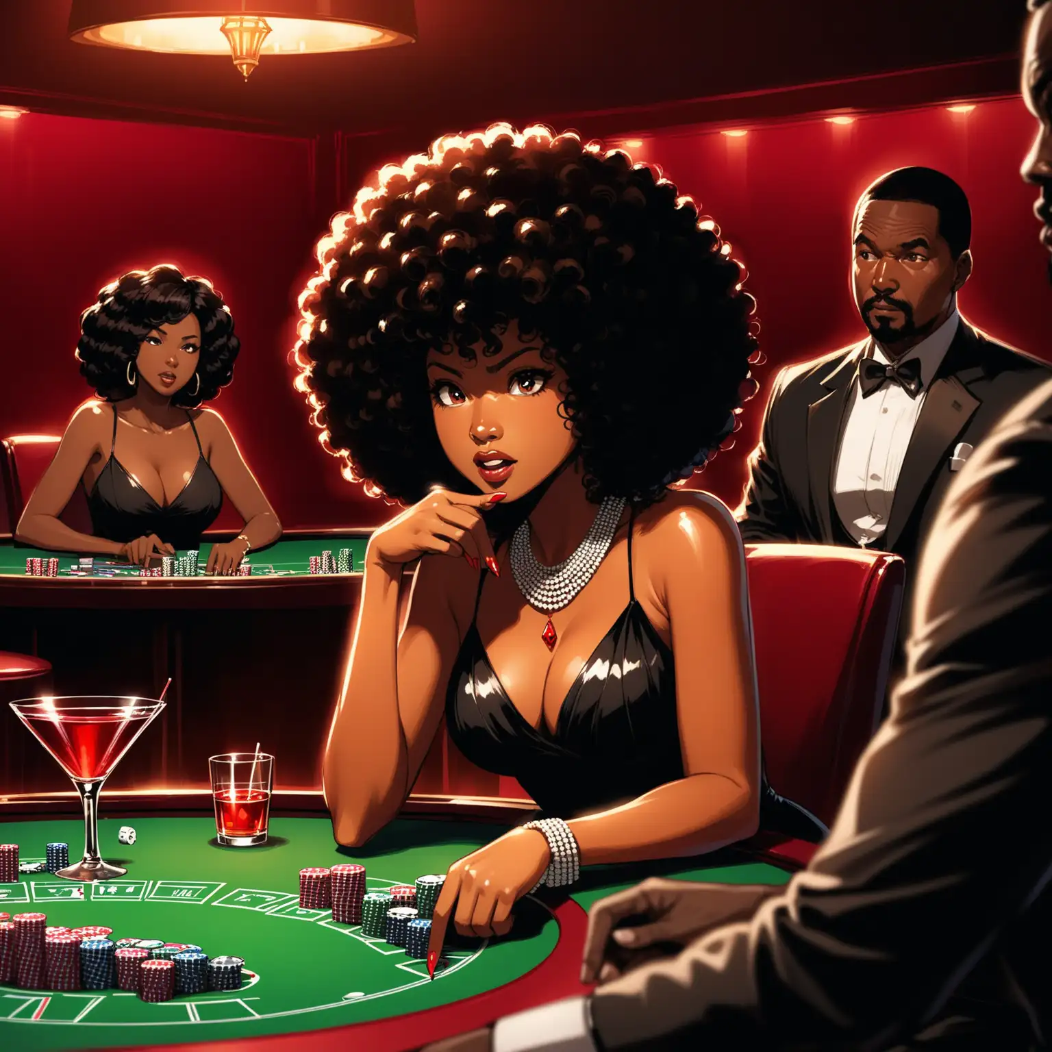 A dim room with red lights. It was once a speakeasy, now its a modernized lounge where the players play.  1 african american WOMAN with a big curly afro dressed in a black cocktail dress sits at the poker table and points a gun at the nervous asian man sitting at the table

