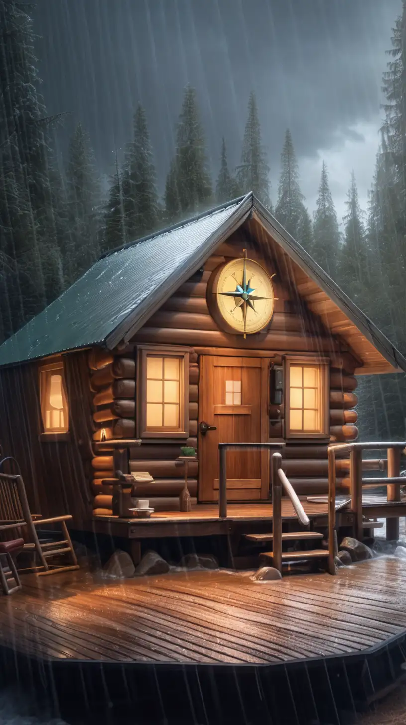 Cozy Cabin Interior with Compass and Stormy Atmosphere