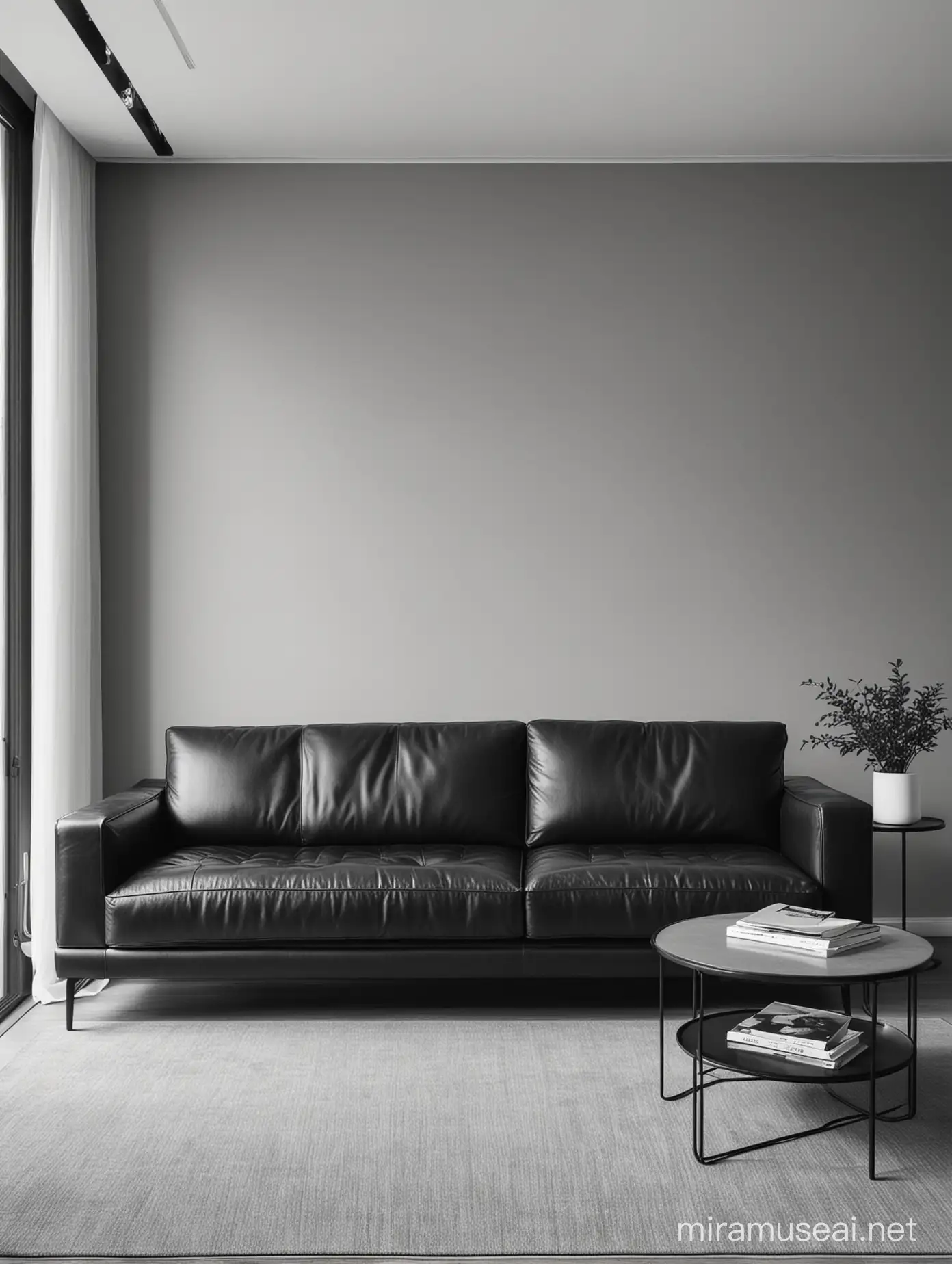Modern Living Room with Black Leather Sofa in Monochrome Minimalist Interior
