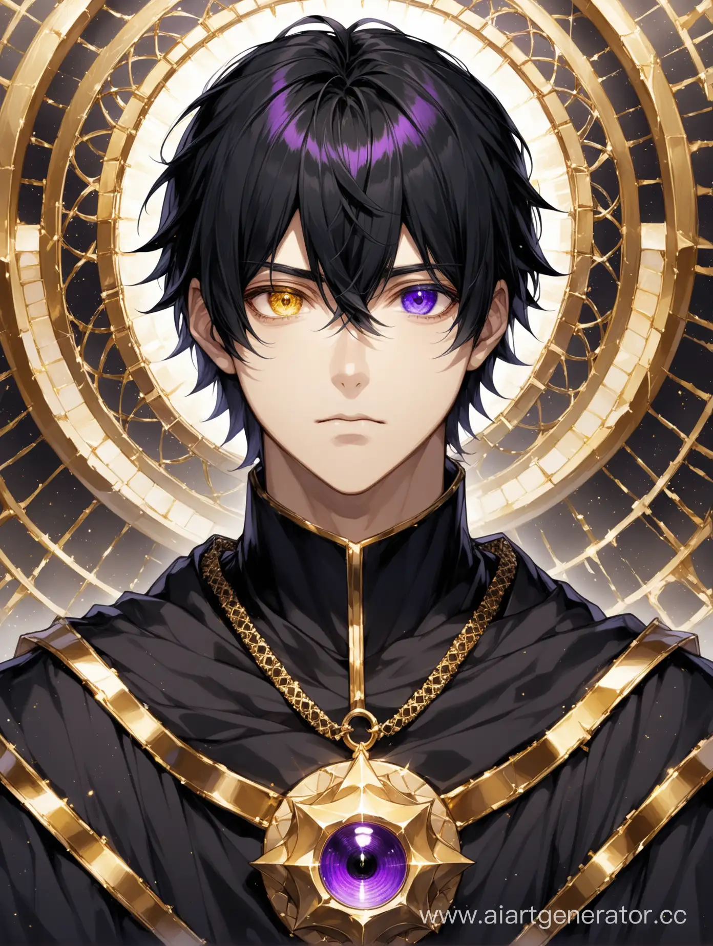 A young man, 25 years old, with medium-length black hair and eyes of different colors (heterochromia): the iris of the left eye is violet, and the iris of the right eye is golden. no facial hair, light skin, fragile build, no emotions on the face, wearing a black robe with a purple lining and gold ornament. In Void