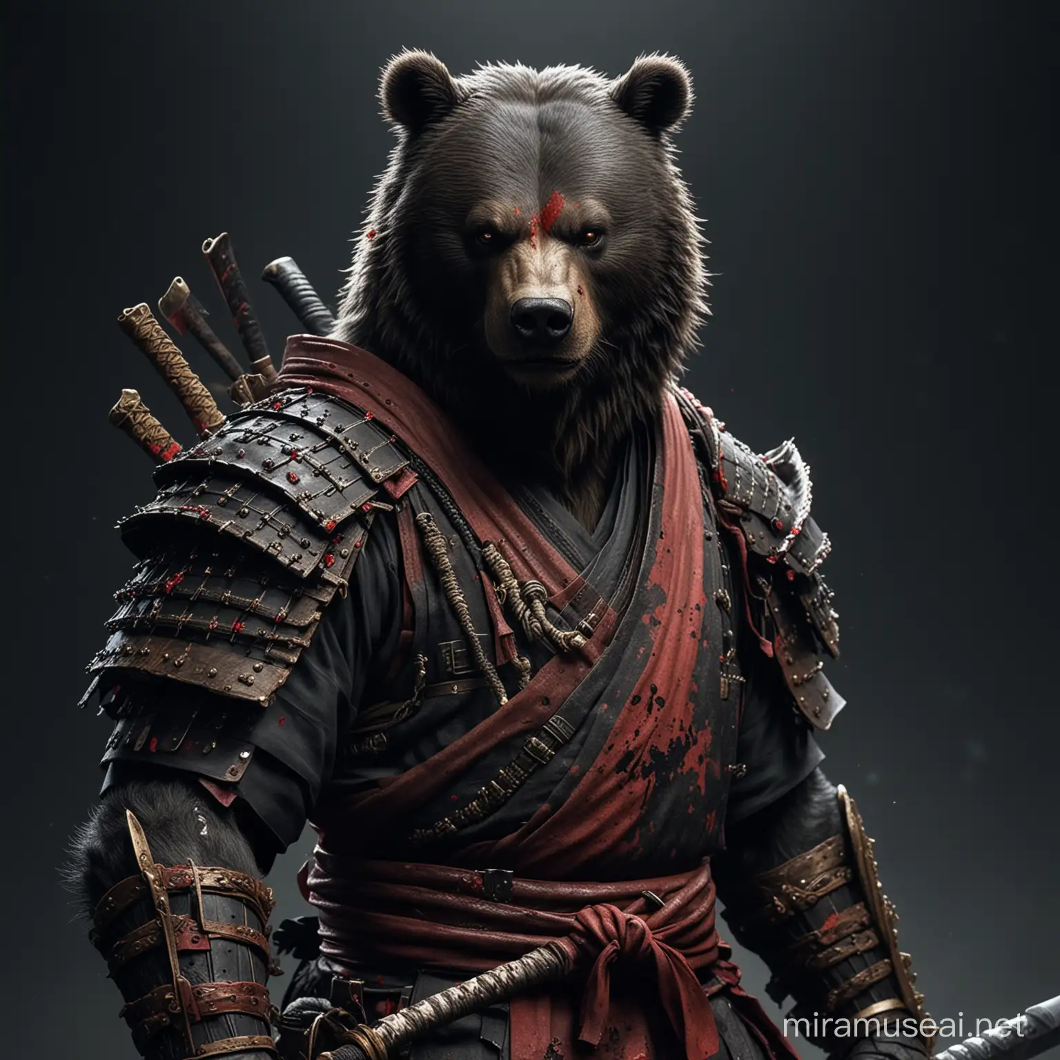 Fierce Samurai Bear Dark and Realistic Depiction of a Bloody Warrior
