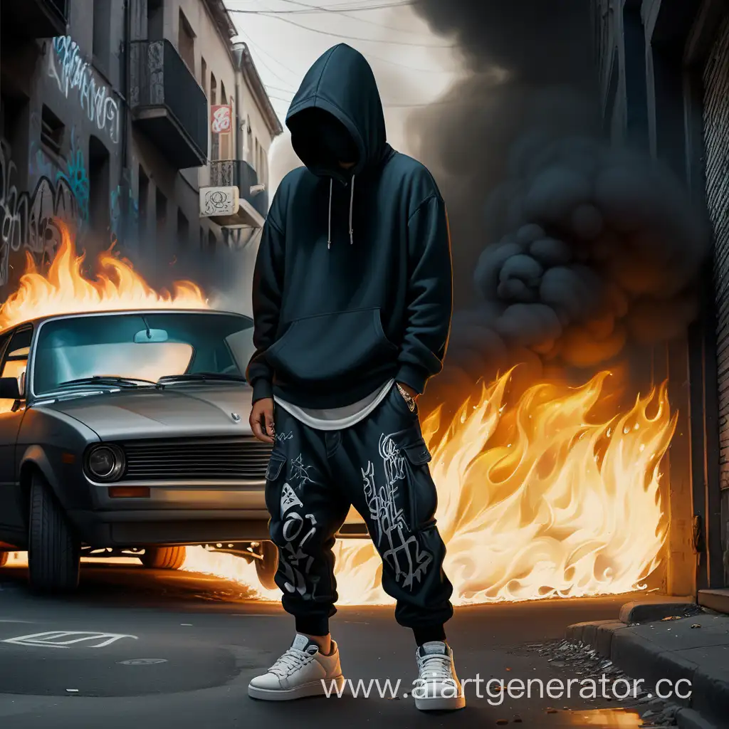 темная улица , граффити на стенах , парень в широких штанах , капюшон на голове , горящая машина