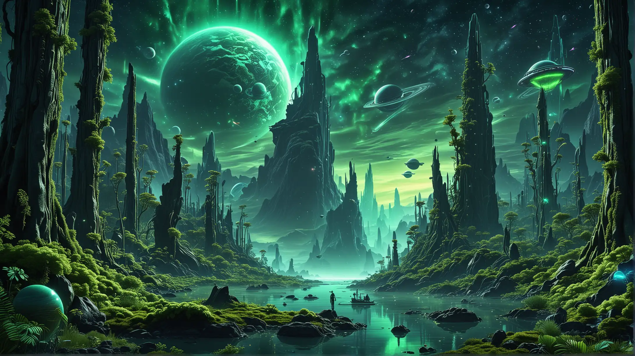 Vibrant Green Alien Planet Landscape with Towering Trees and Futuristic Explorers