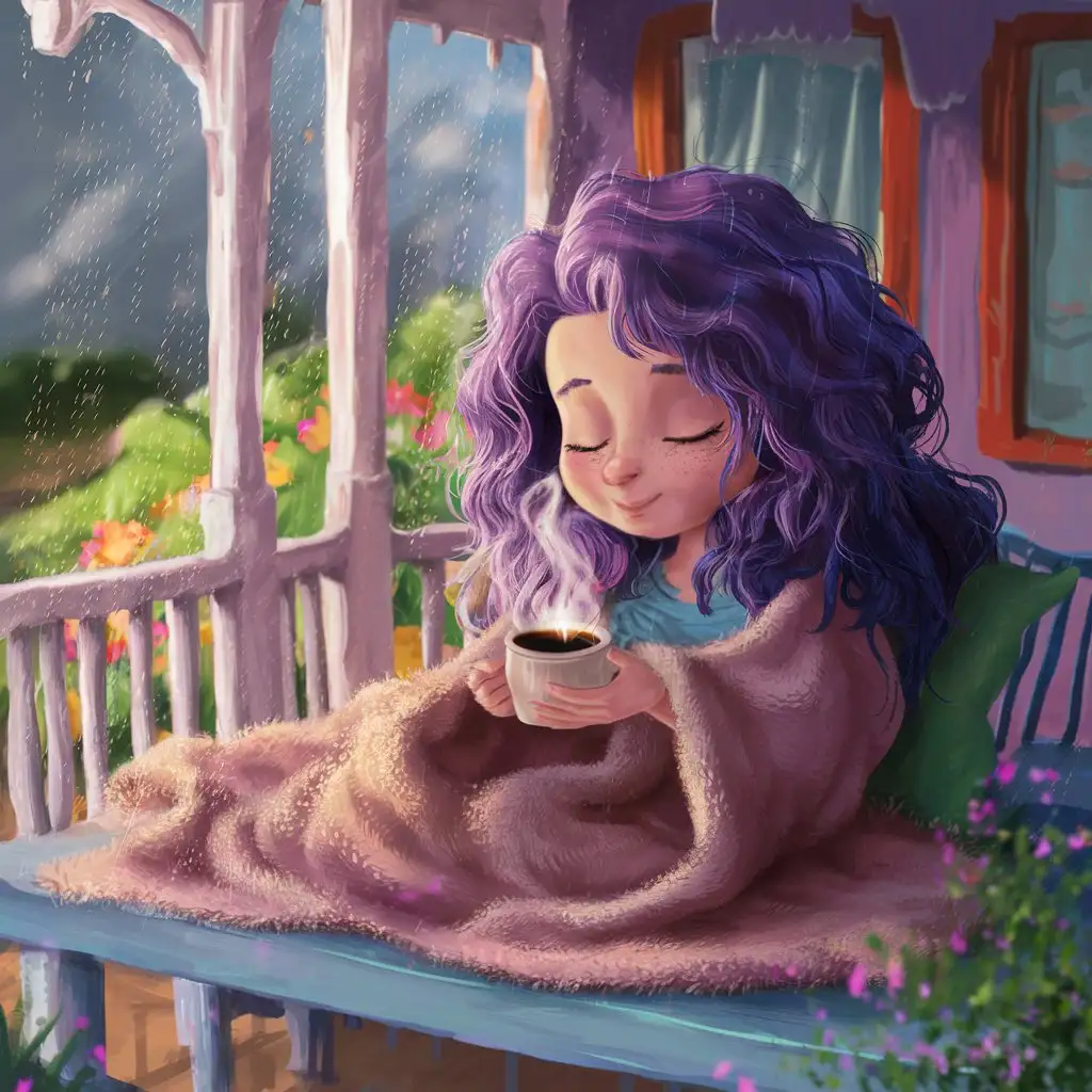 A girl with long purple hair is sitting on a summer veranda drinking coffee, it is raining outside, but the veranda is dry, raindrops sparkle in the rare sunlight