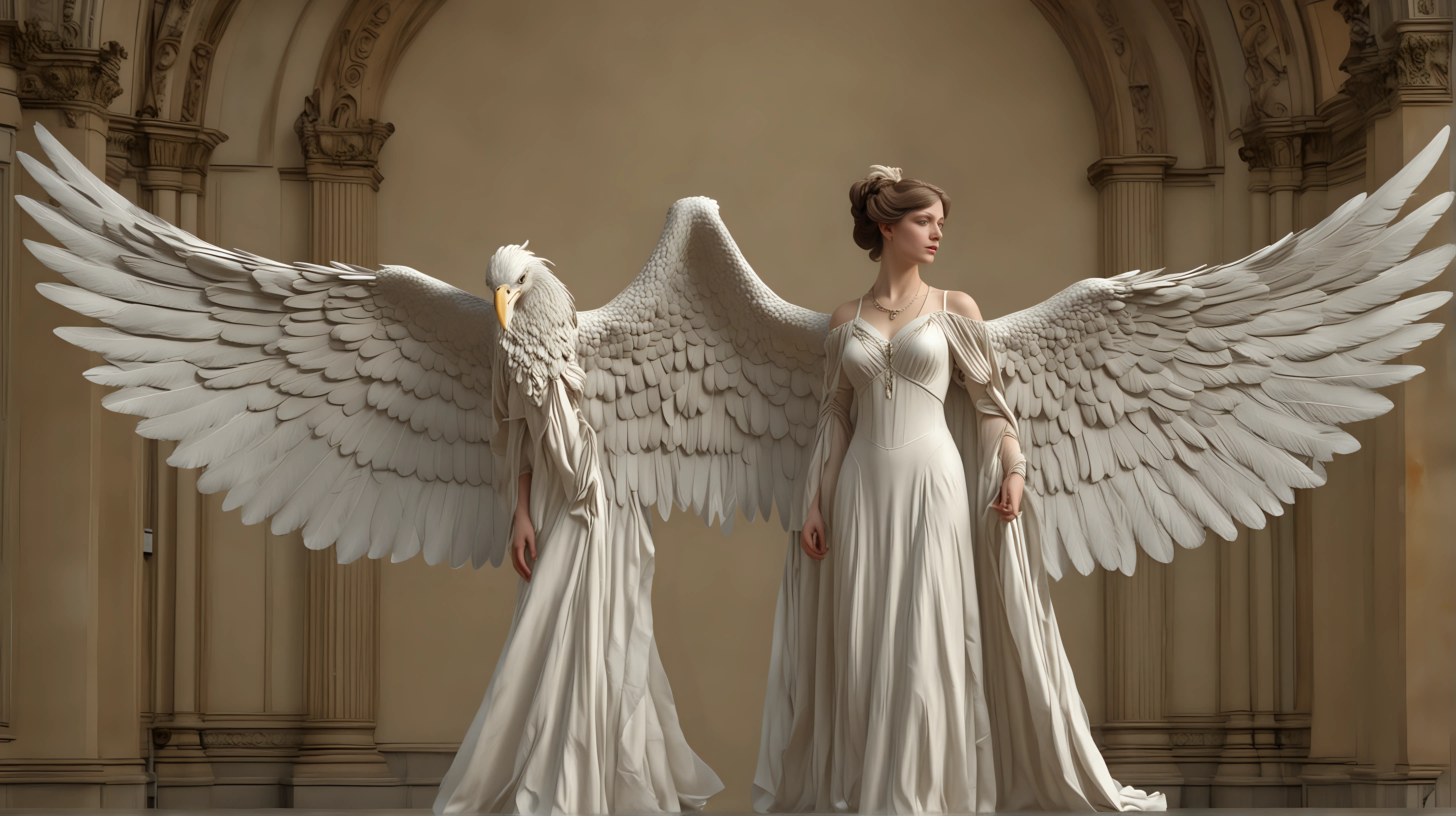 A large bird with the head of a woman from Belle époque in Paris, with large wings. We see her in full height. In the style of realism, 3D animation.In the style of art nouveau, 3D animation.