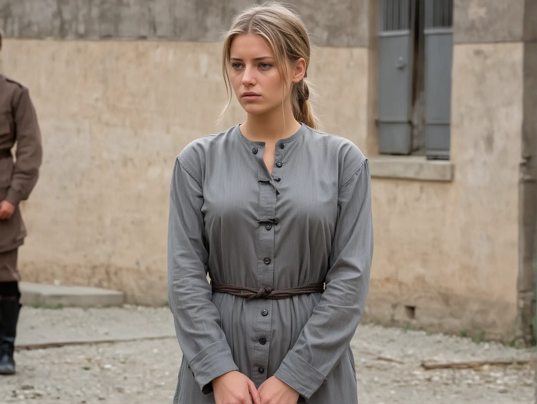A busty female prisoner (german, 18 years old) stand  in a prisonyard (1900s) in worn gray buttoned longsleeve collarless prisonerdress( round-neckline, tied back hair), head to knee view, She is very sad and desperate, head down, few civilian is standing behind her in brown-beige-black clothes