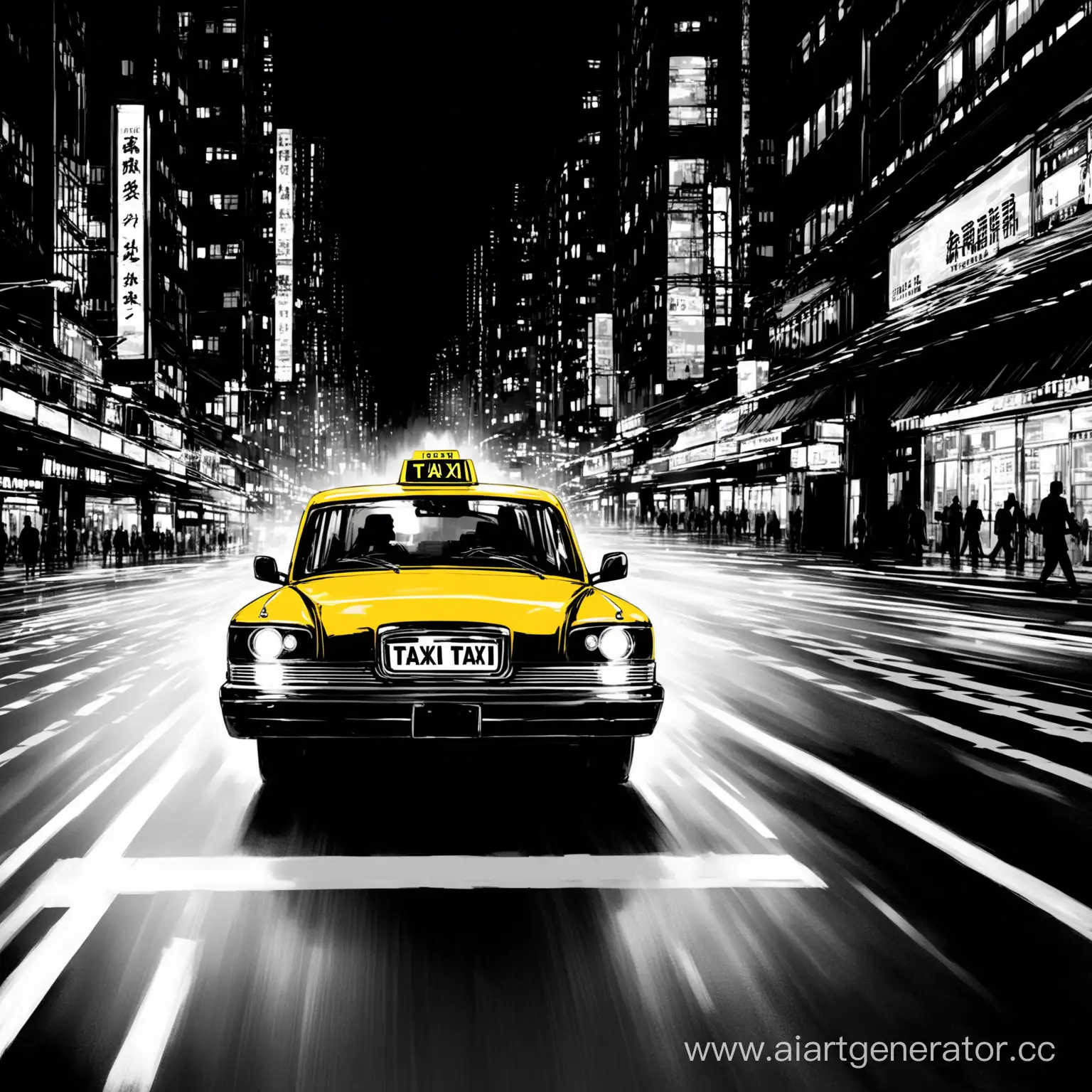 По ночному черно-белому городу очень быстро едет жёлтое такси