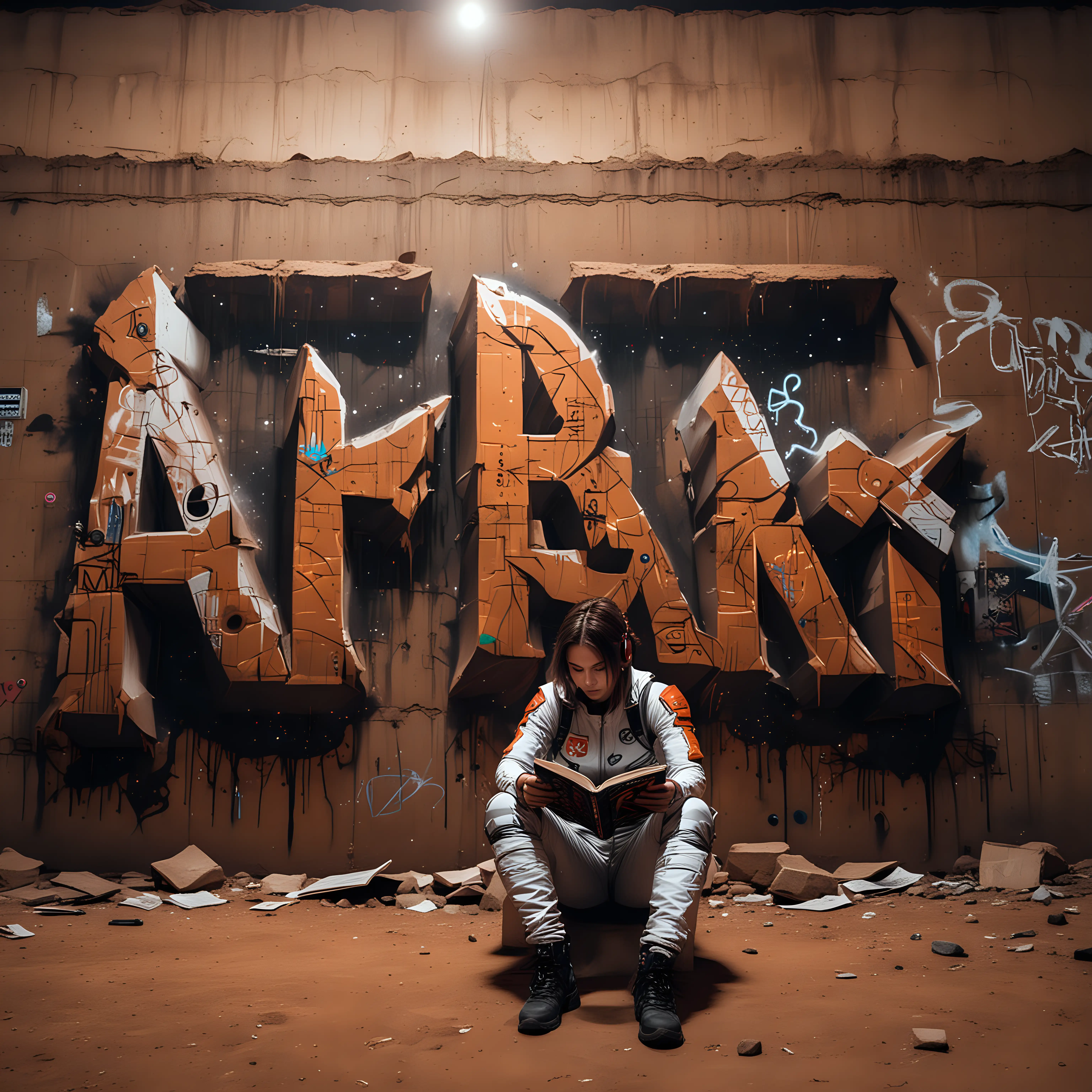  Free standing,  wall of Graffiti, with a large letter R, on mars, at night, diverse girl, wearing cyberpunk space suit, think Laura croft, tomb raider, sitting, reading a book