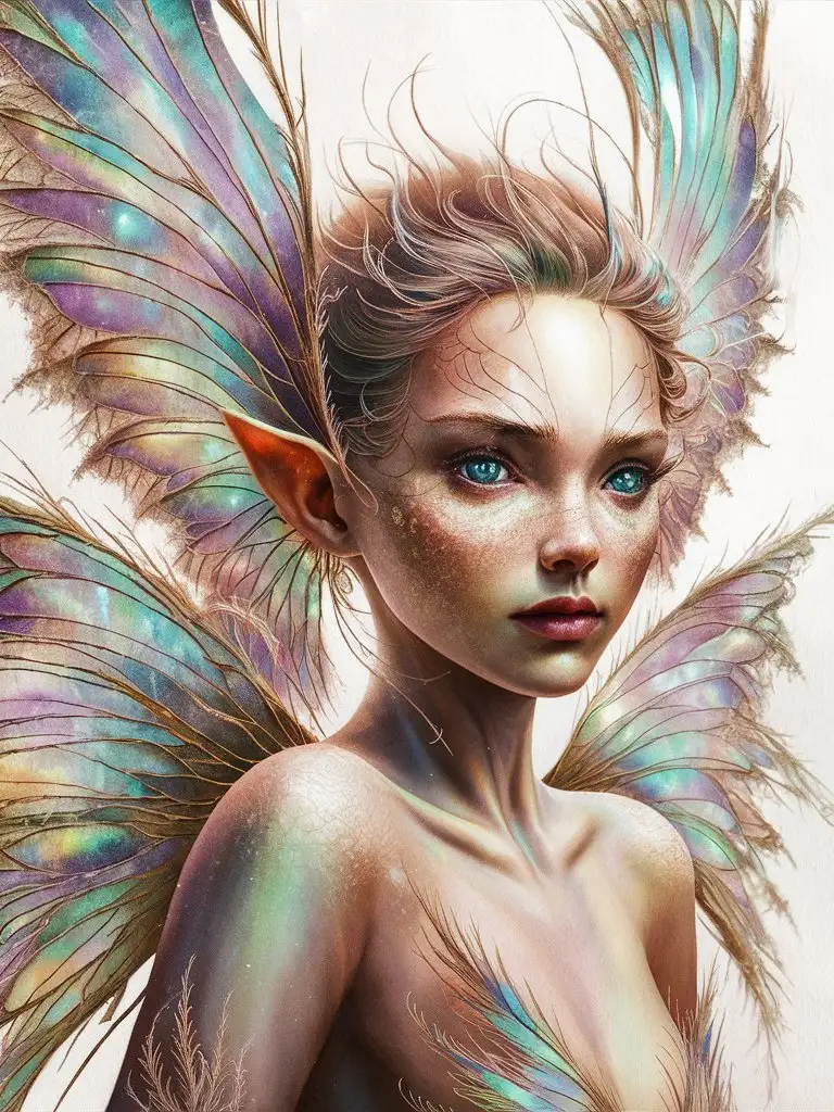 A stunning watercolor painting featuring a hyperrealistic Sprite with delicate wings and a beautiful, otherworldly expression. The Sprite's wings are intricately painted with a blend of fractal strokes and dreamy colors.  The overall atmosphere of the image is ethereal, inviting the viewer to step into the magical world of the fairy. close up of the fairy face and shoulders with wings



