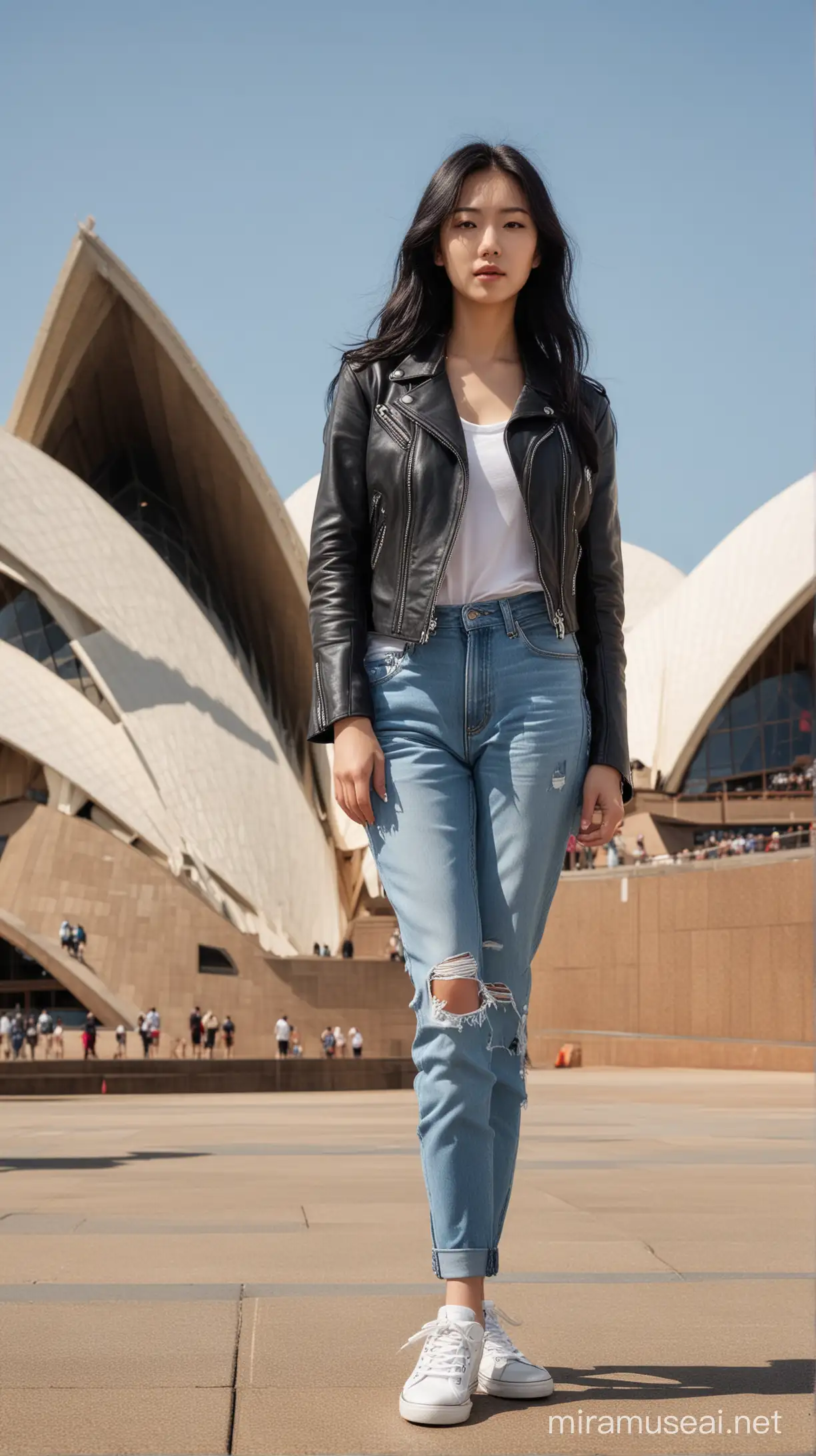 Stylish Korean Woman Poses at Sydney Opera House in Romantic HDR Image
