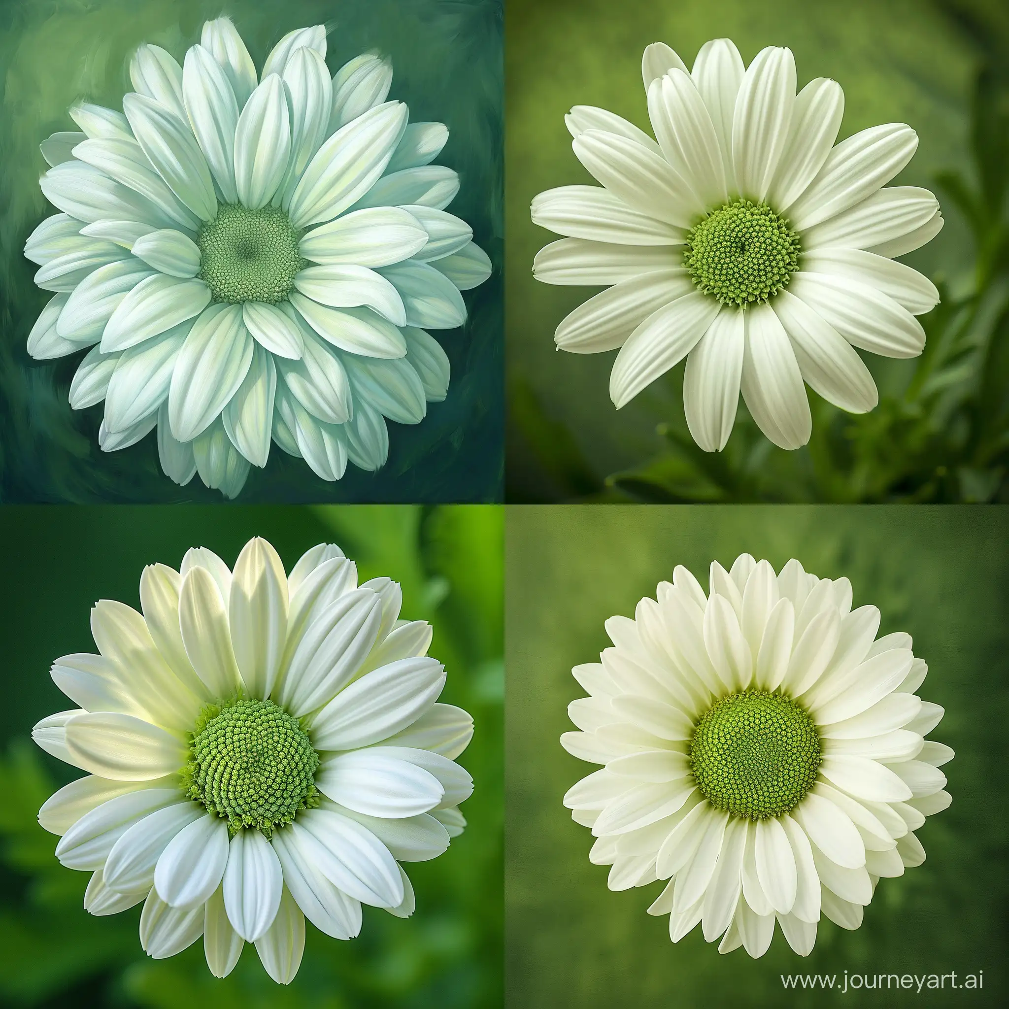 A vibrant daisy with pristine white petals and a soft, pale green center, set against a lush green backdrop.