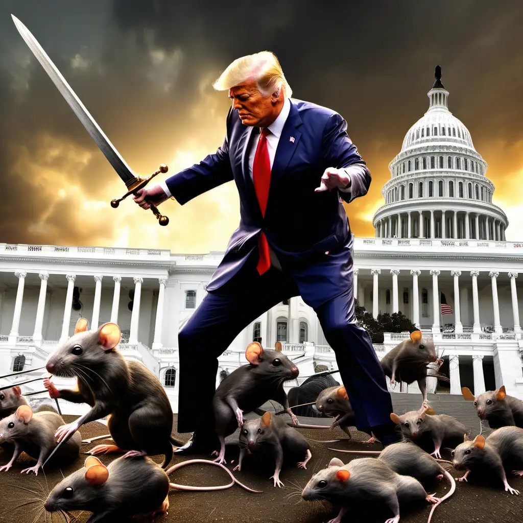 trump with jfk fighting huge rats with swords in front of dc capital 