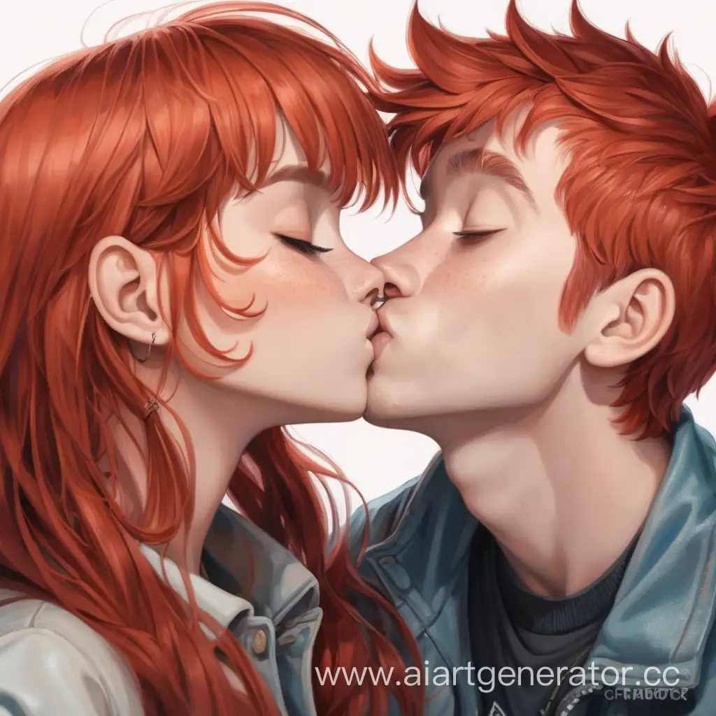 парень и девушка с красными волосами целуются