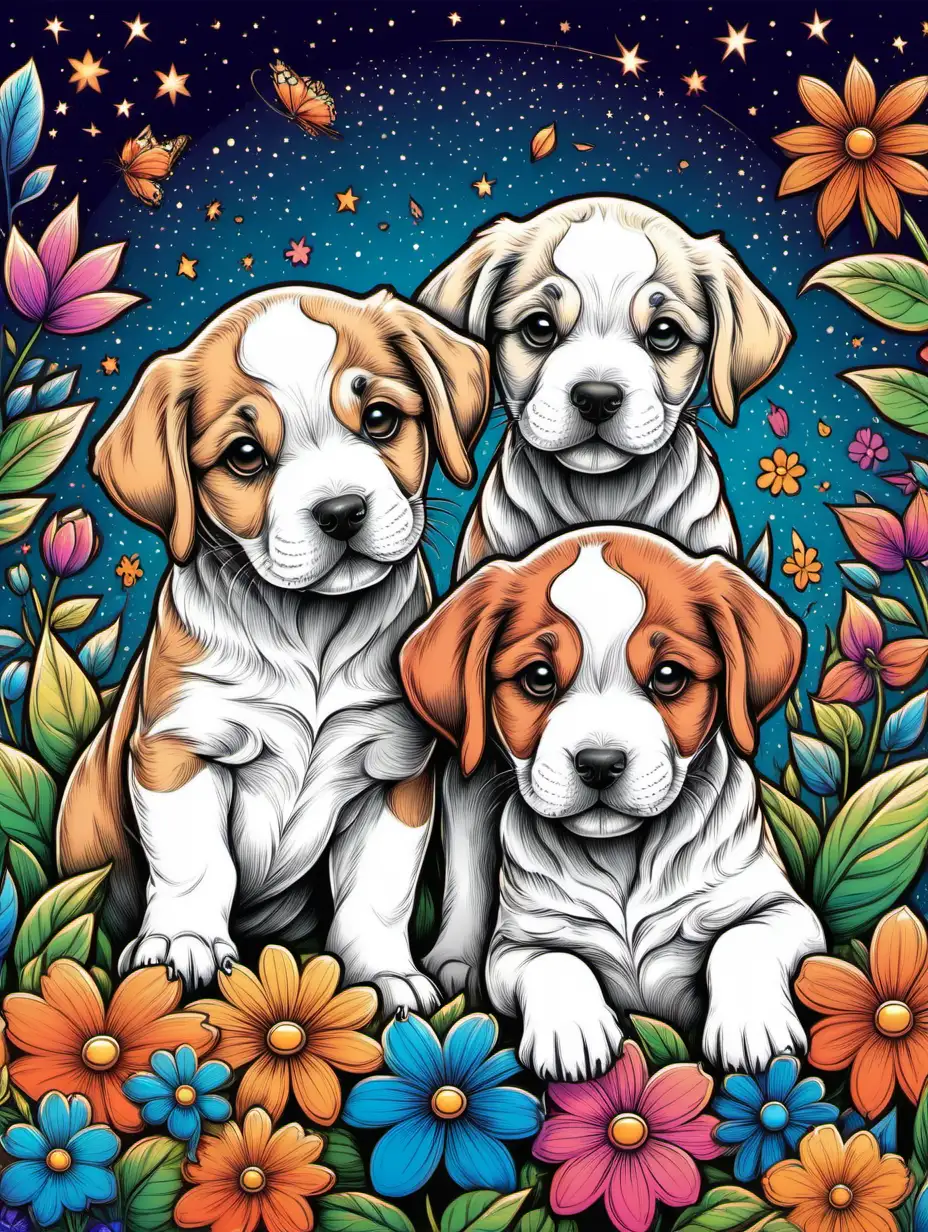 3 puppies, colorful floral background, vivid colors, flat illustration, clean line art, smooth line, natural lines, harmonic, highly detailed, concept art, smooth, sharp focus, colorful, coloring book, sketchbook, realistic sketch, free lines, on paper, space at the top for a book title