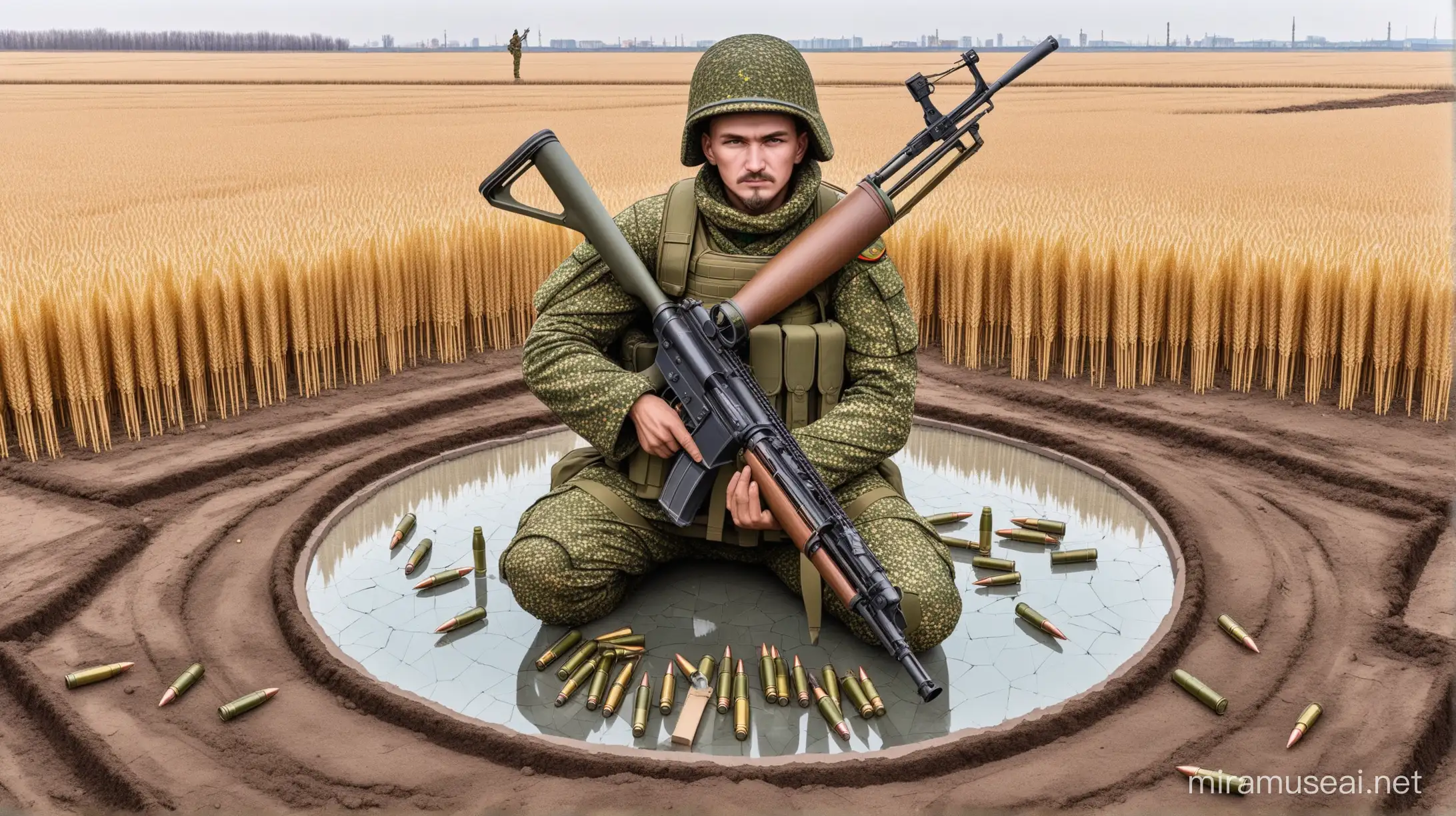 Ukrainian Modern Warrior with Rifle and Broken Glass Jars