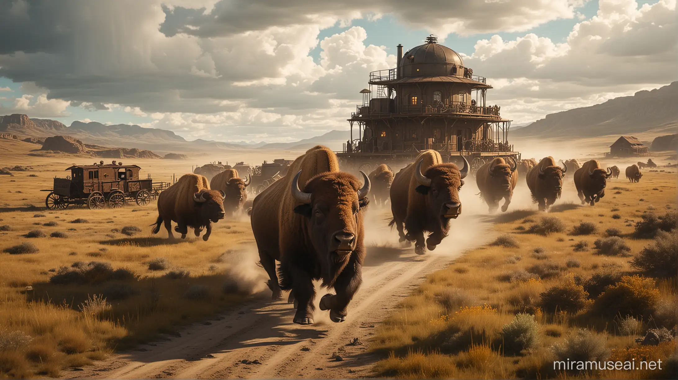 the herd of bisons run towards a steampunk ranch in the wilderness. sunny and cloudy.