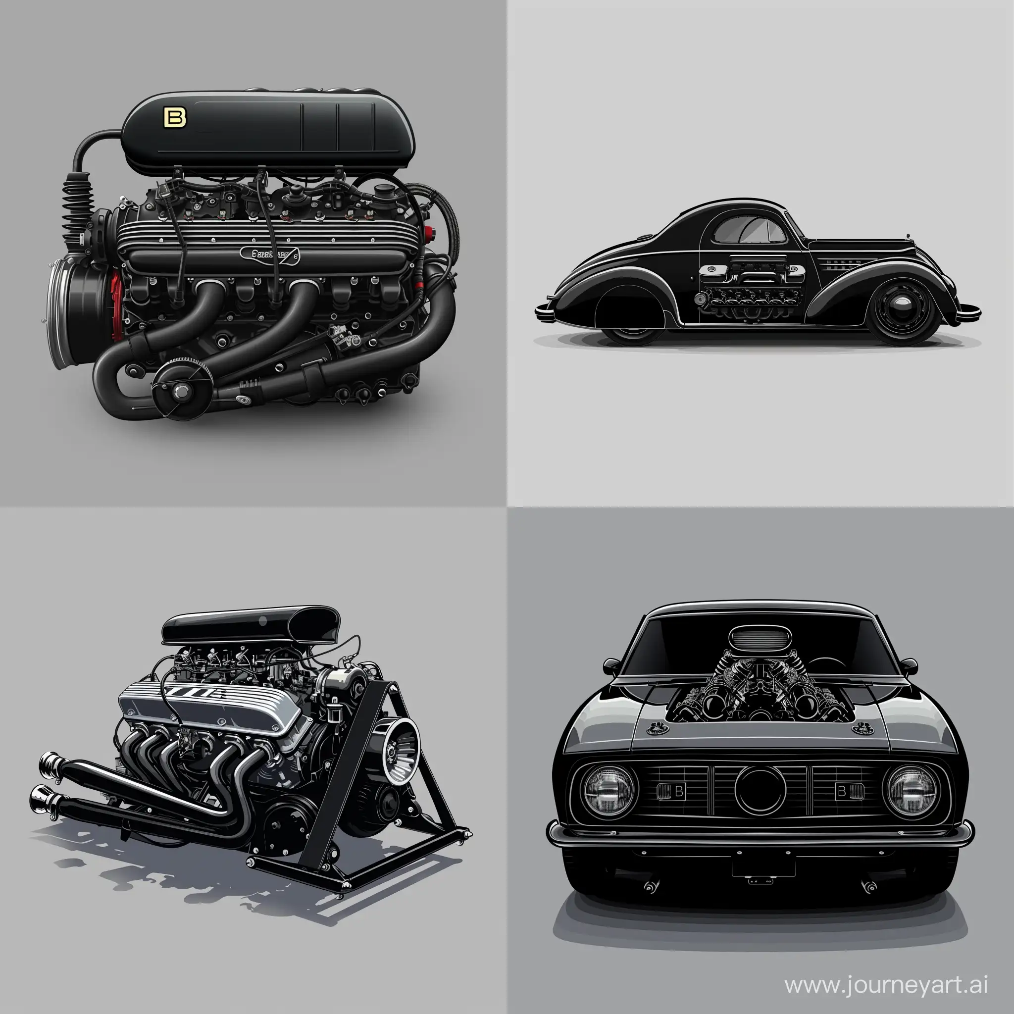 Minimalism 2D Car 2/3 View Illustration of: Black 30B 1300 engine
, Simple Gray Background, Adobe Illustrator Software, High Precision