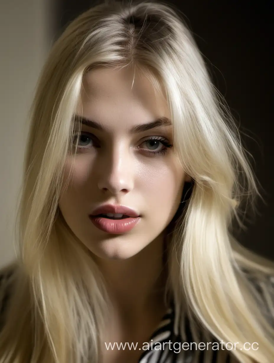 Julia, a young woman of 20 years, long blond hair, sharp face, big lips, Half Italian Super model