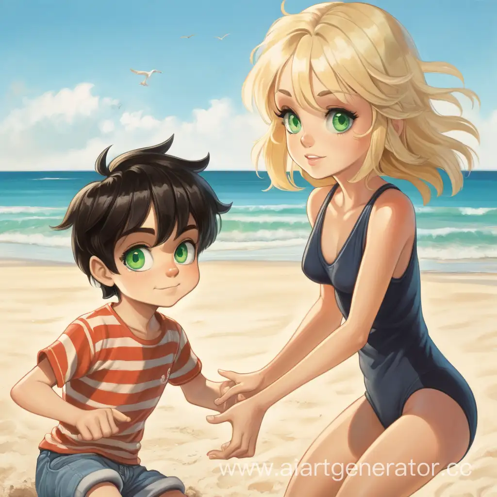 маленький мальчик с зелеными глазами и темными волосами со светловолосой женщиной играют на пляже