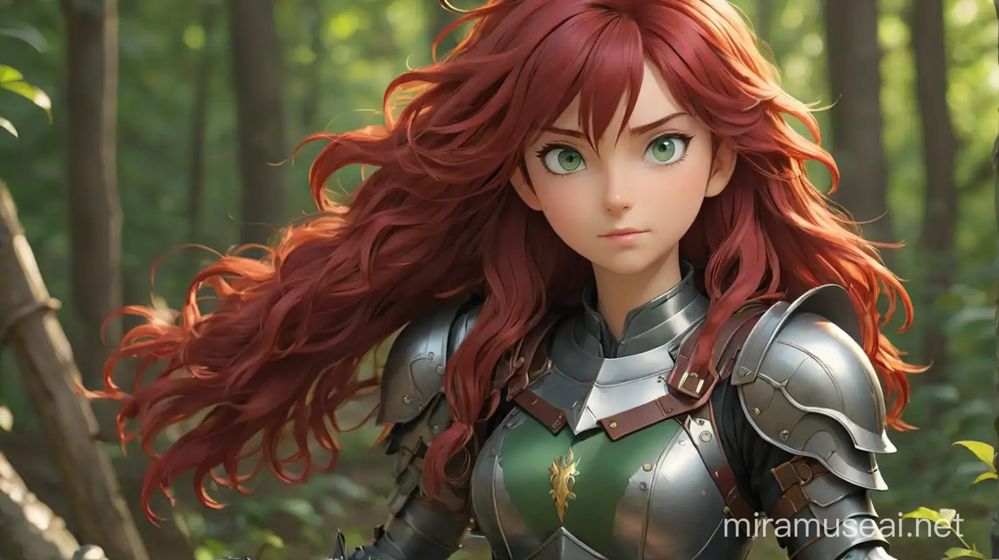 Anime Girl in Knight Armor with Cherry Red Hair