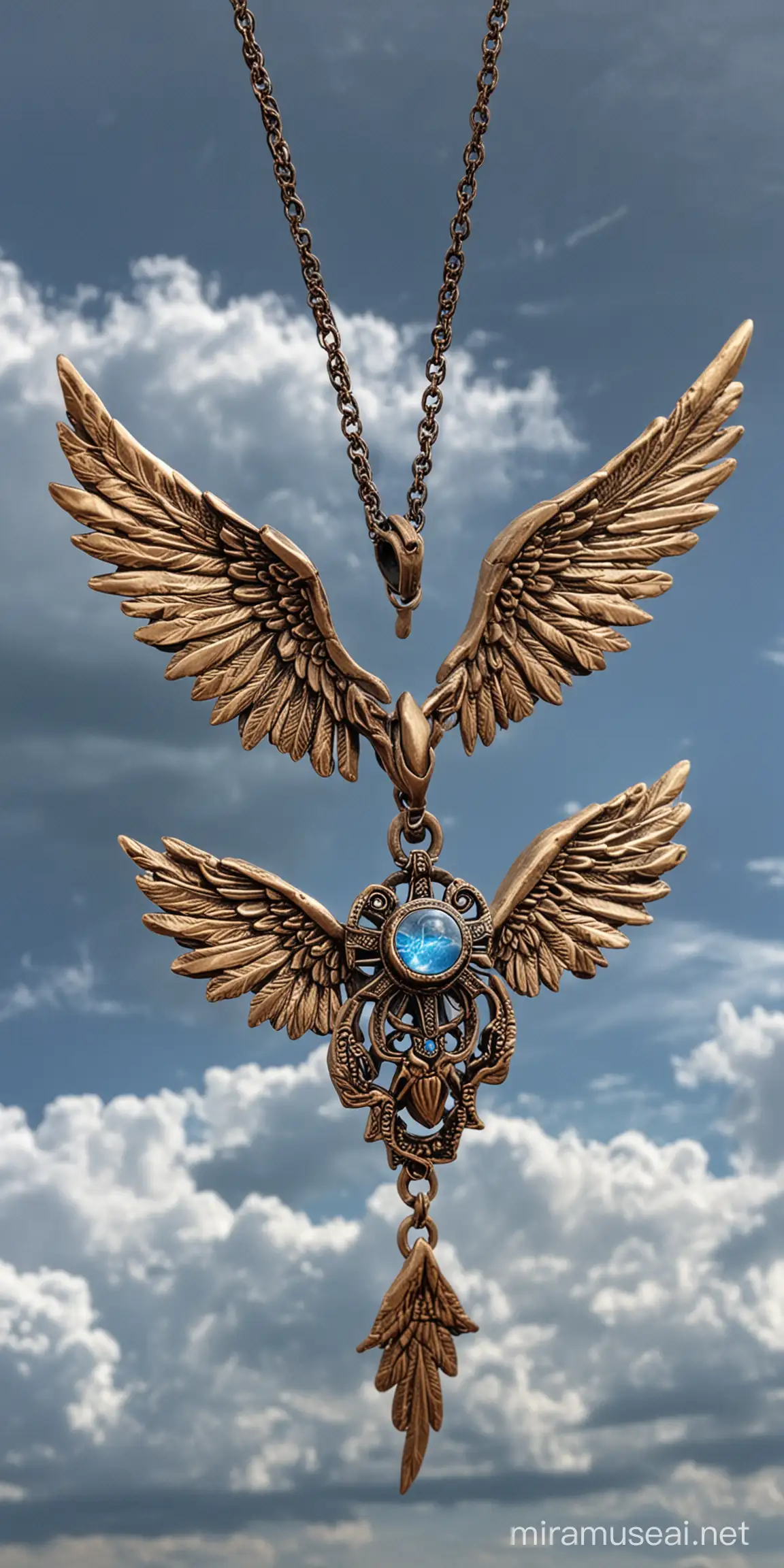 Myro with wings and some necklace that has a thunder pendant with a sky background 