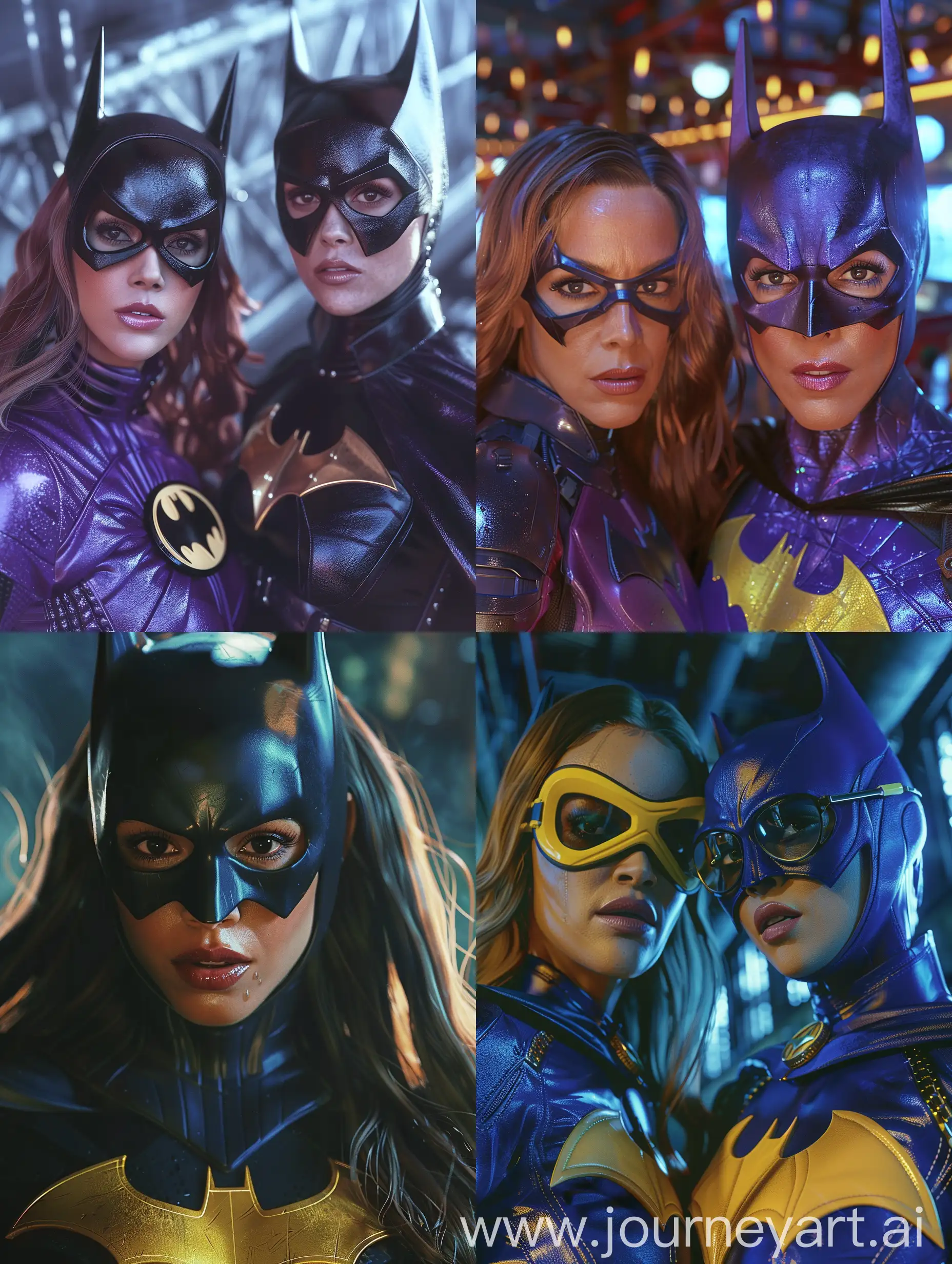 Jeniffer Lopez and Katy Perry as Batgirl Movie kodak portra camera f1.6 lens rich hyper realistic colors lifelike textures dramatic lighting unreal machines trending in cinema arttation time 