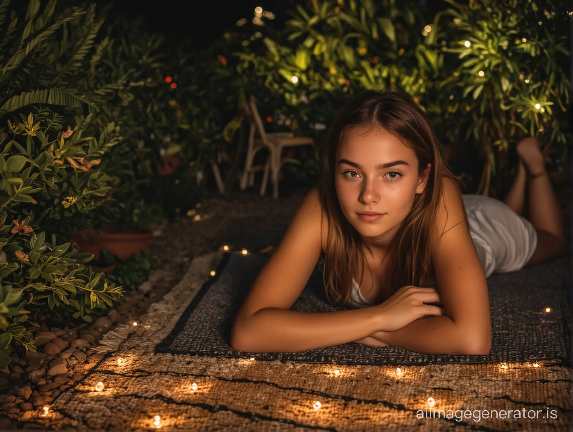 Gorgeous fifteen years old Auburn girl lying on a mat in a miraculous garden in Tenerife midnight small light spots everywhere 